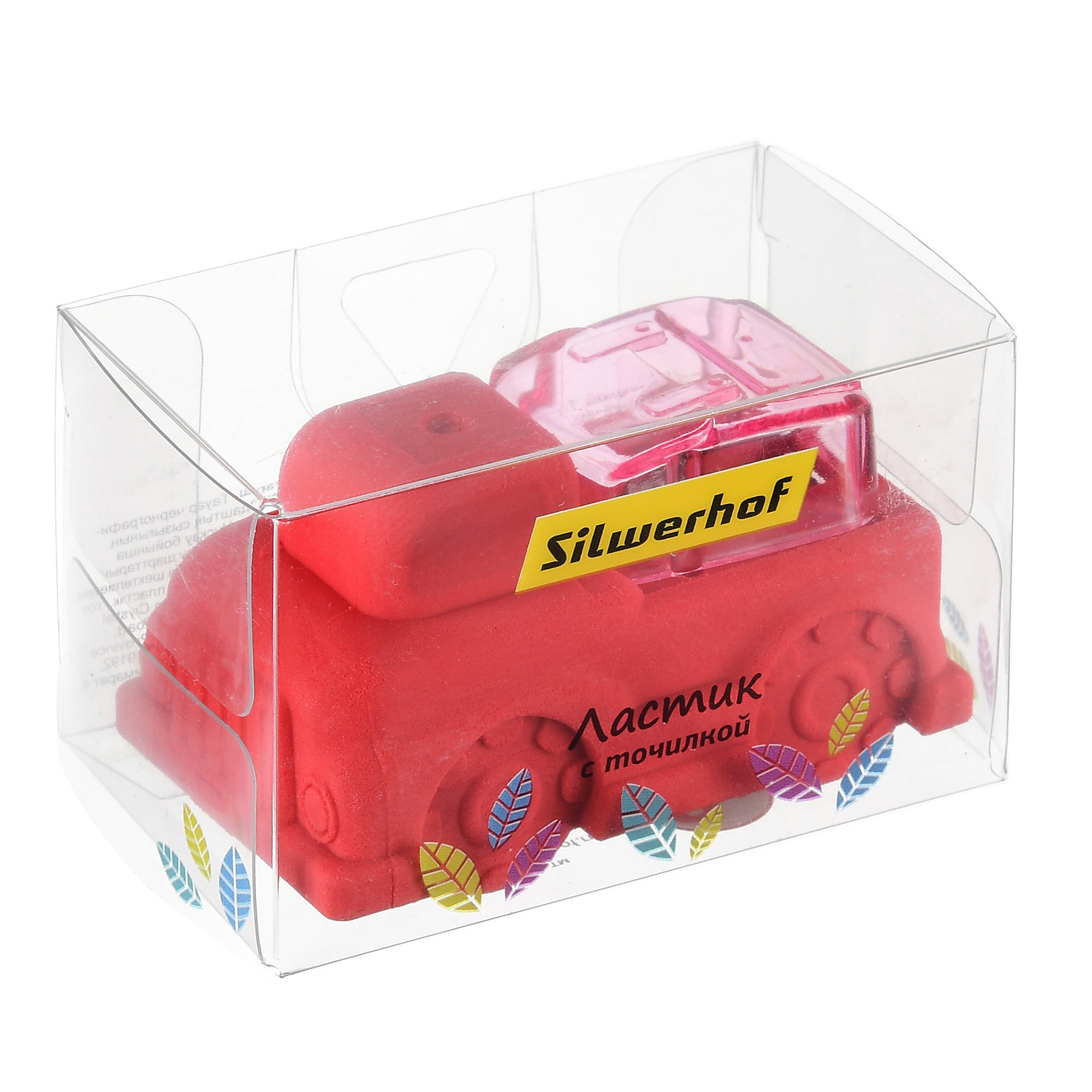 точилка в виде красной машинки в прозрачной упаковке на белом фоне