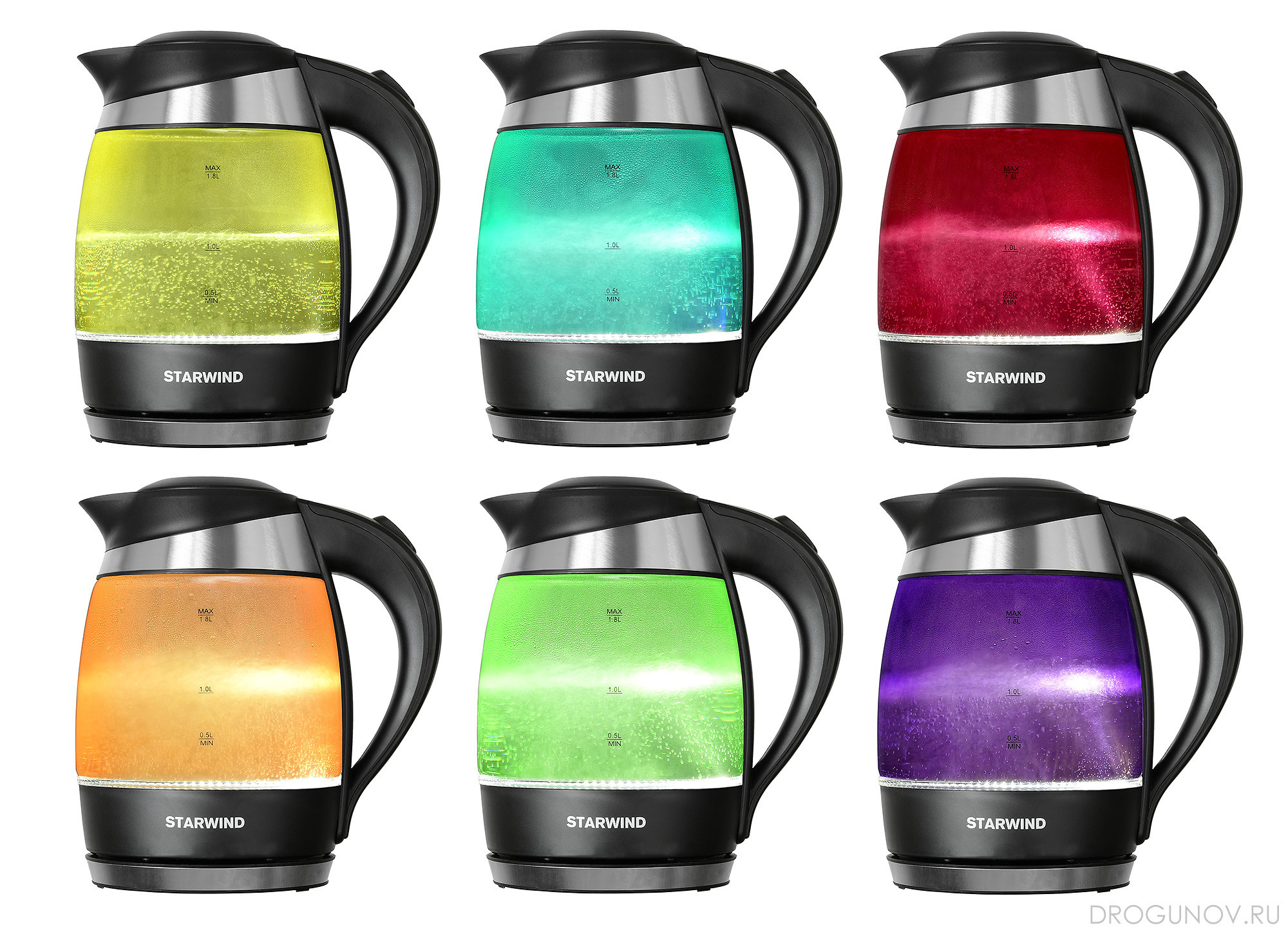 шесть электрочайников разного цвета на белом фоне 