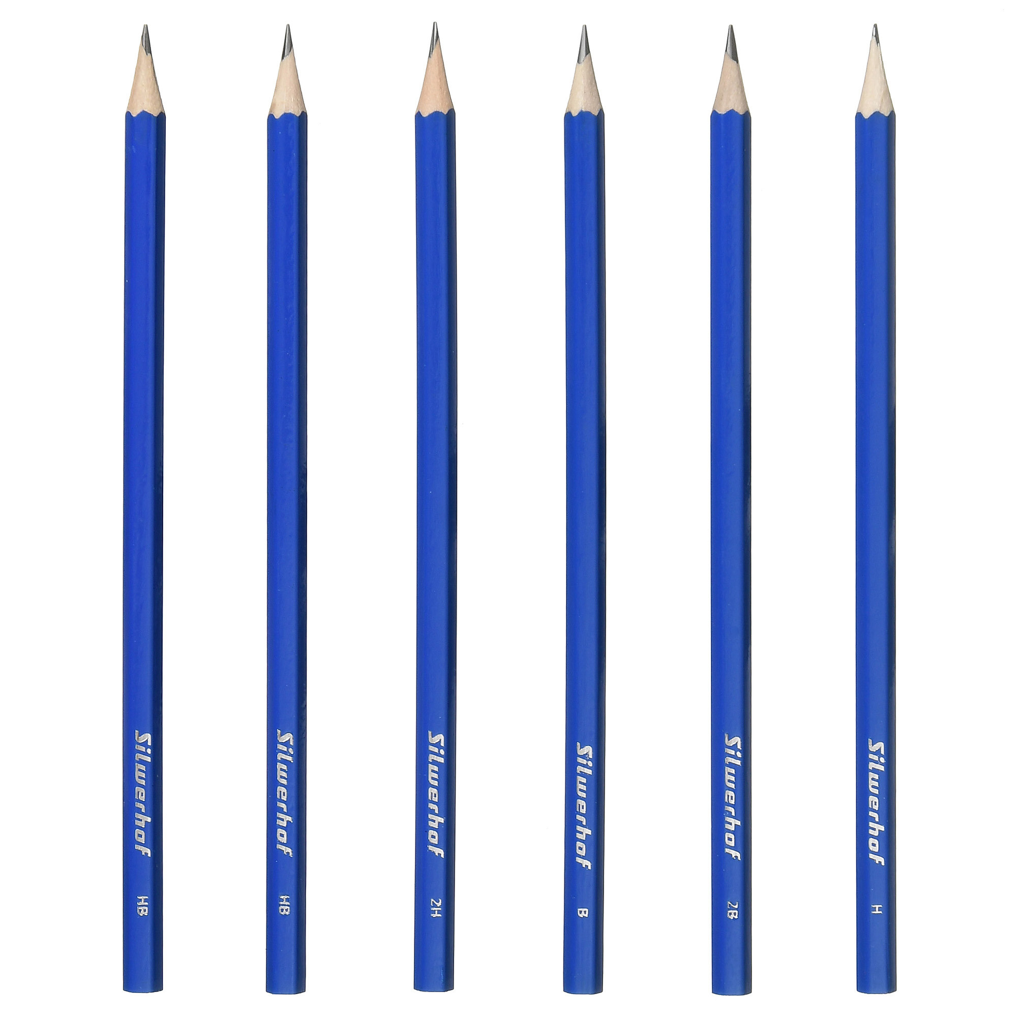 шесть простых карандашей синего цвета