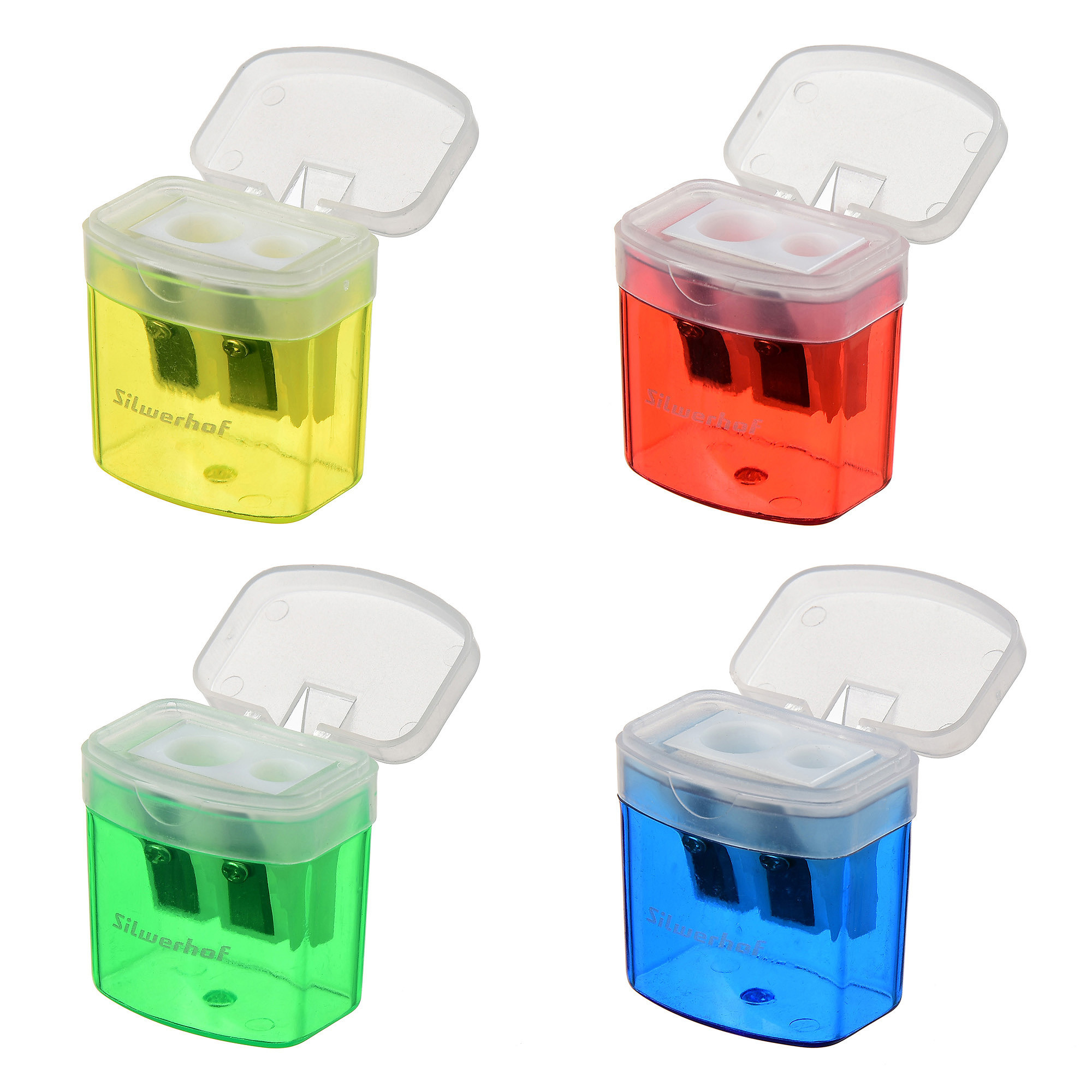 четыре точилки для карандашей на белом фоне