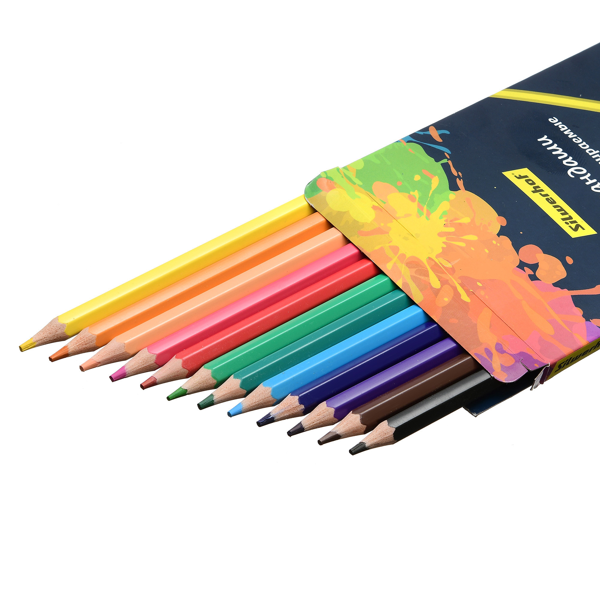 двенадцать карандашей разных цветов в коробке