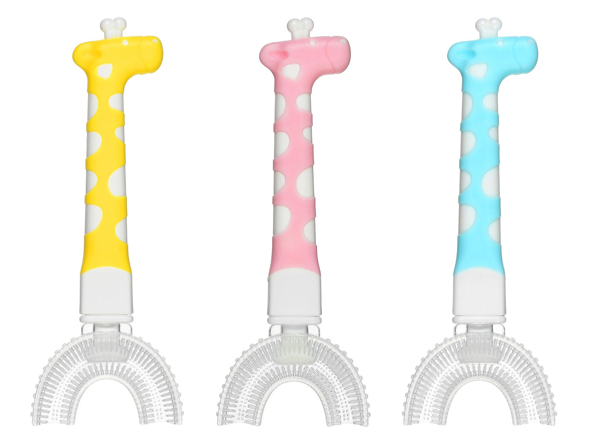 Детская зубная щётка в виде жирафа, желтая, голубая, розовая.