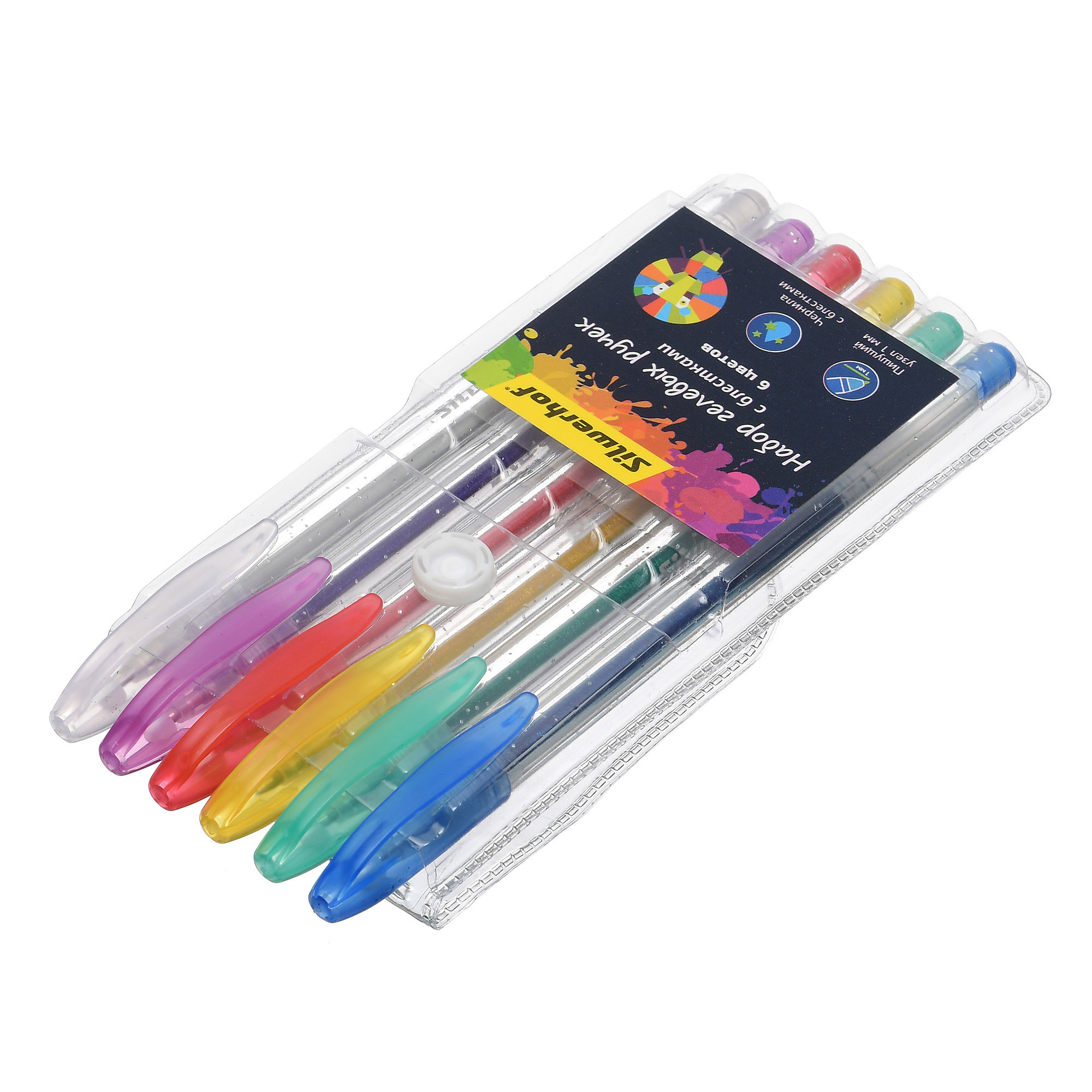 шесть цветных гелевых ручек в прозрачной упаковке