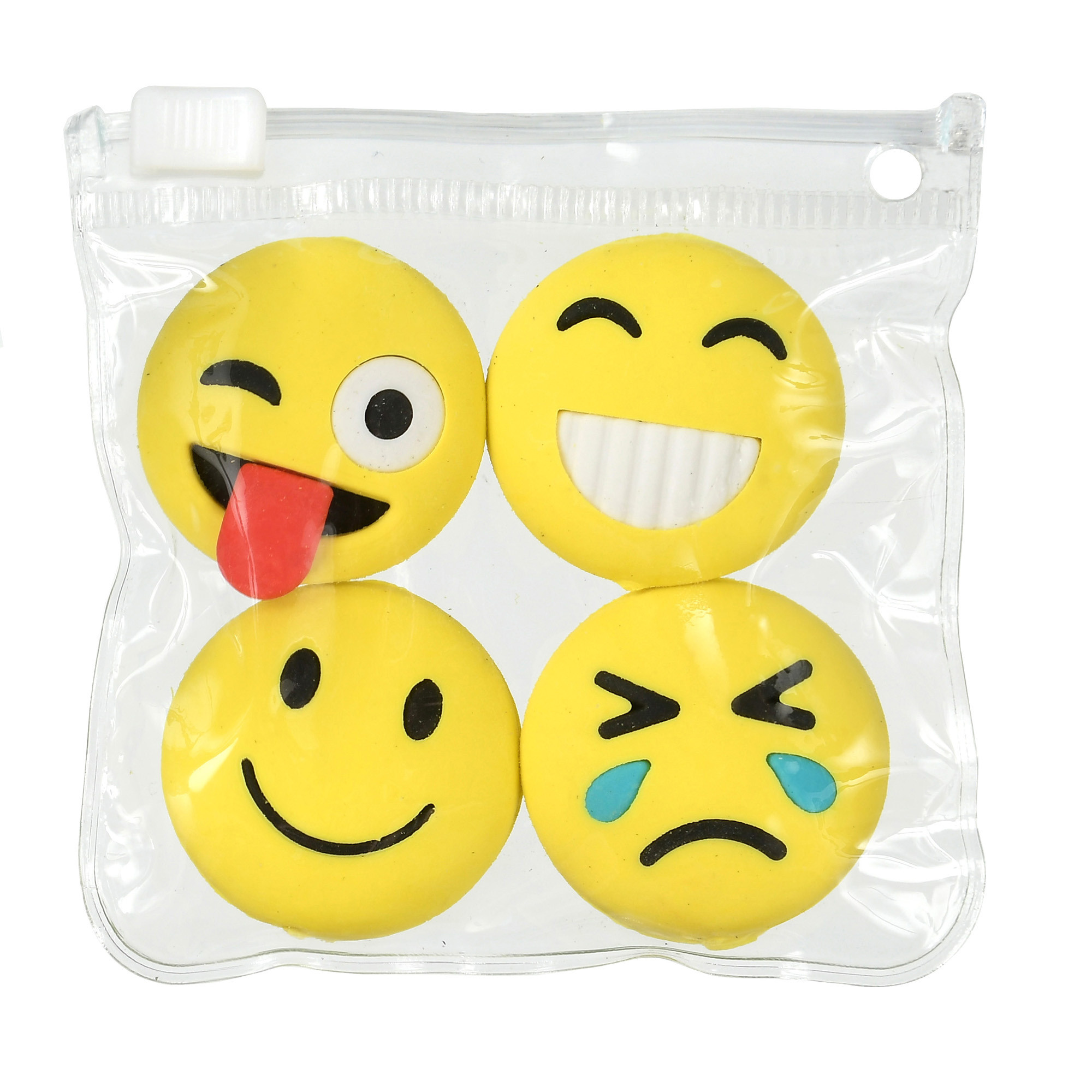 четыре желтых ластик смайлика в прозрачной упаковке