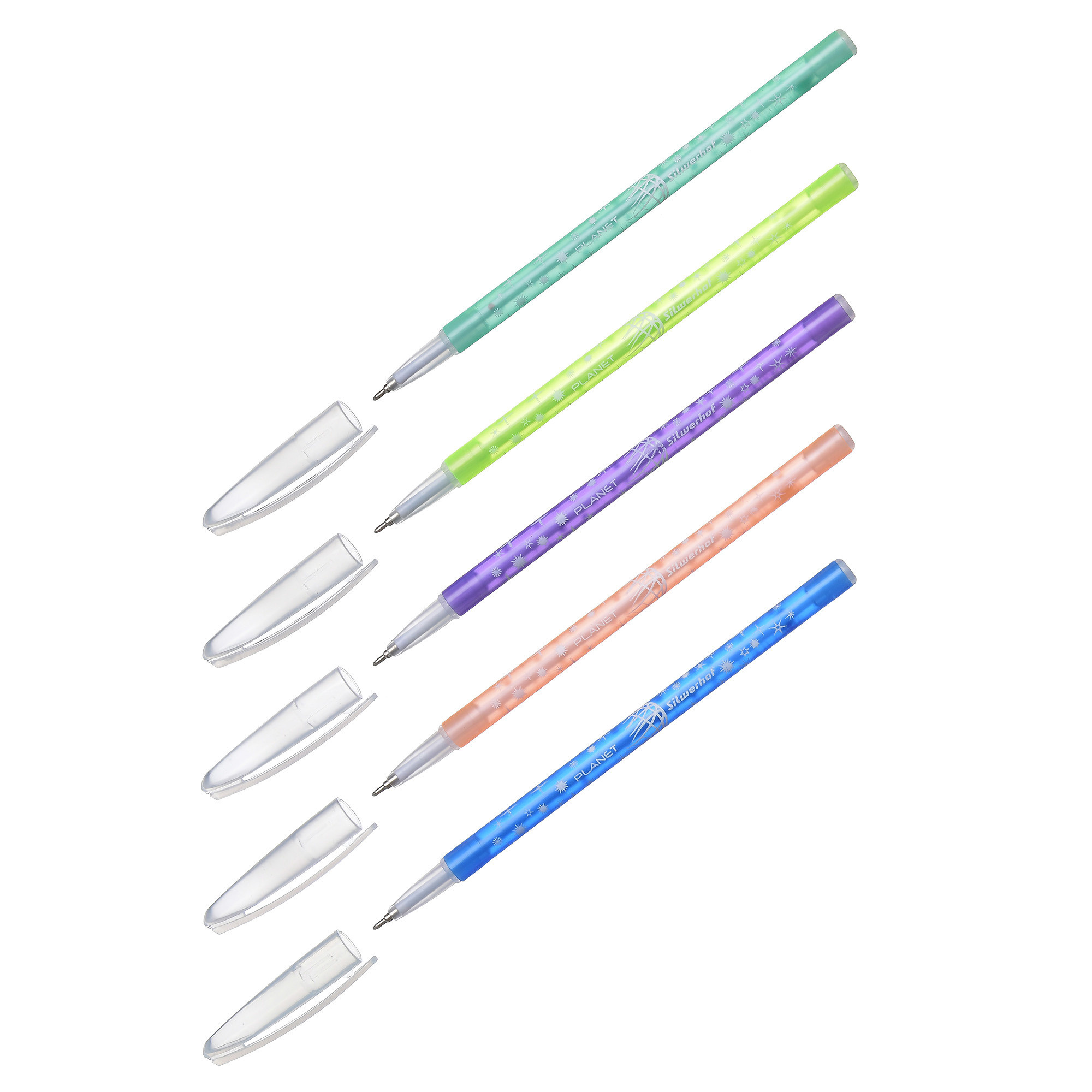 ручки шариковые разных цветов пять шутк с открытыми колпачками