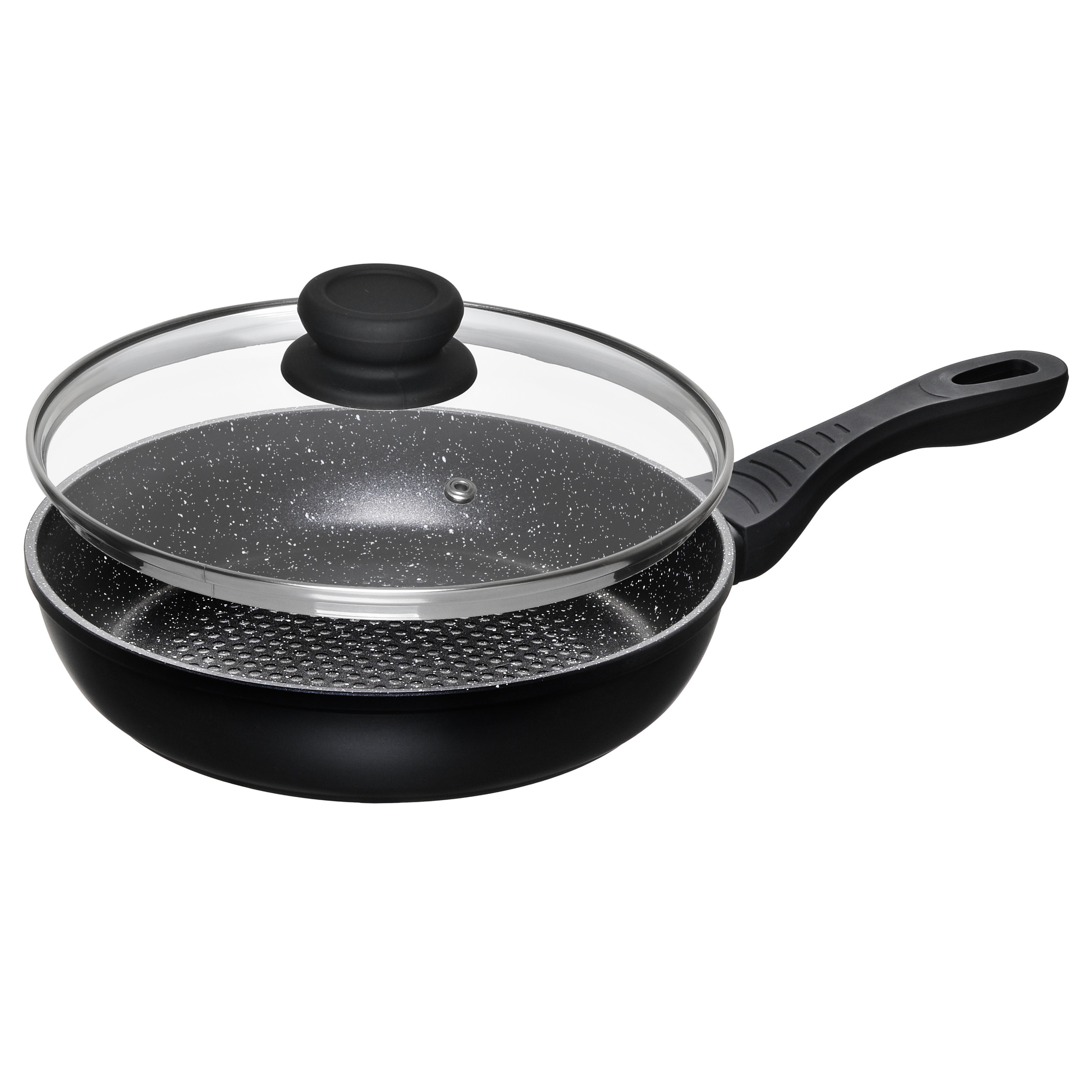чёрная сковорода с прозрачной крышкой