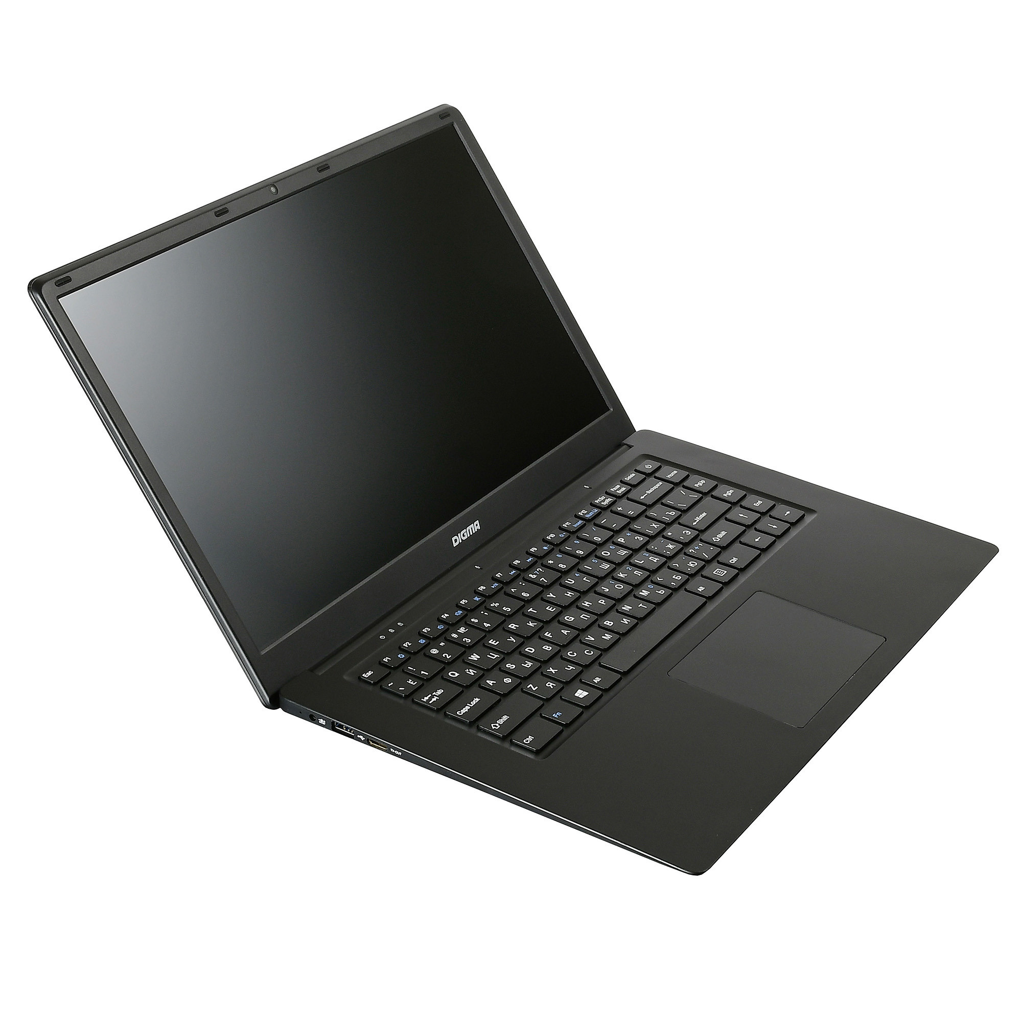 Ноутбук чёрного цвета на белом фоне.