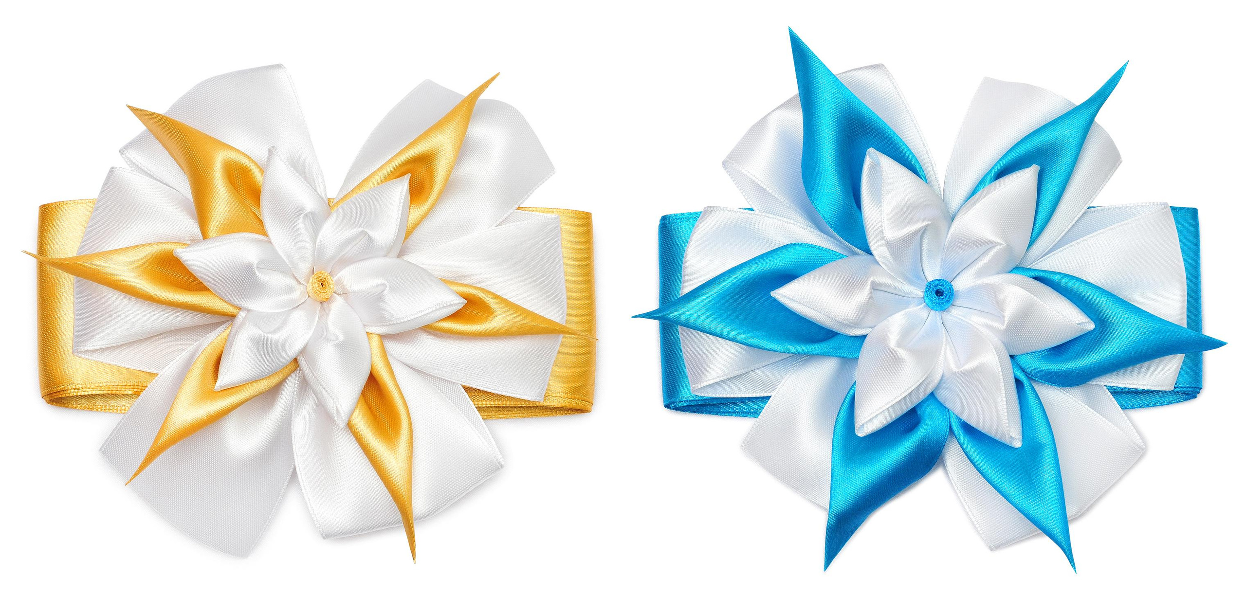 Детские бантики из атласных лент голубые жёлтые белые. 