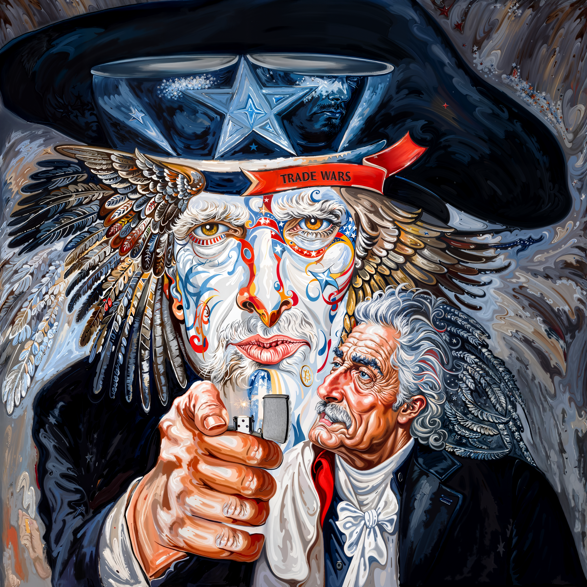 Оптическая иллюзия с лицом вождя, перьями, зажигалкой и отсылками к торговым войнам США.