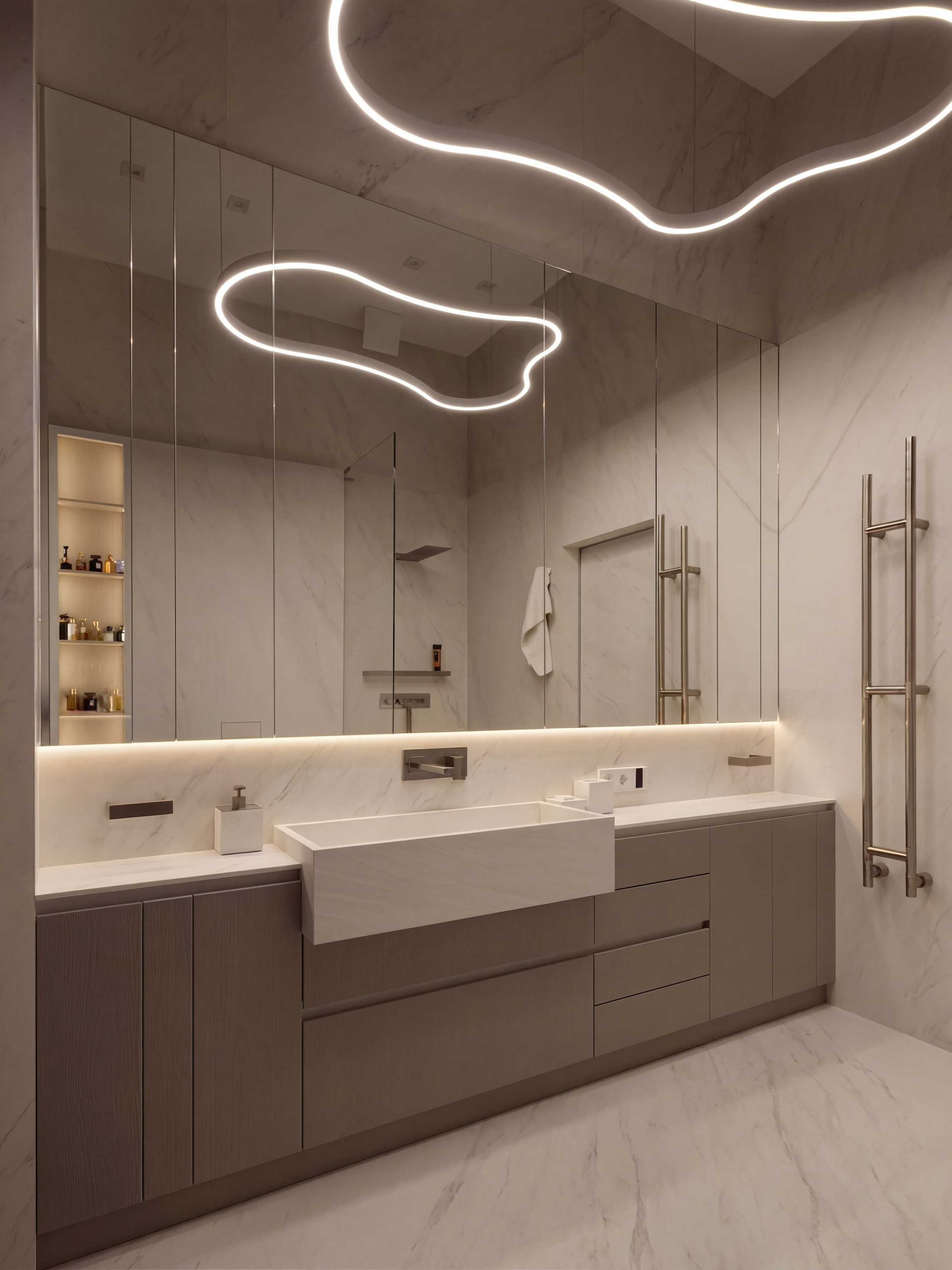 Минималистичный дизайн ванной комнаты от Валерии Котович: широкая раковина-монолит, зеркальная стена с подсветкой, подвесная тумба таупового цвета и футуристичный парящий светильник.