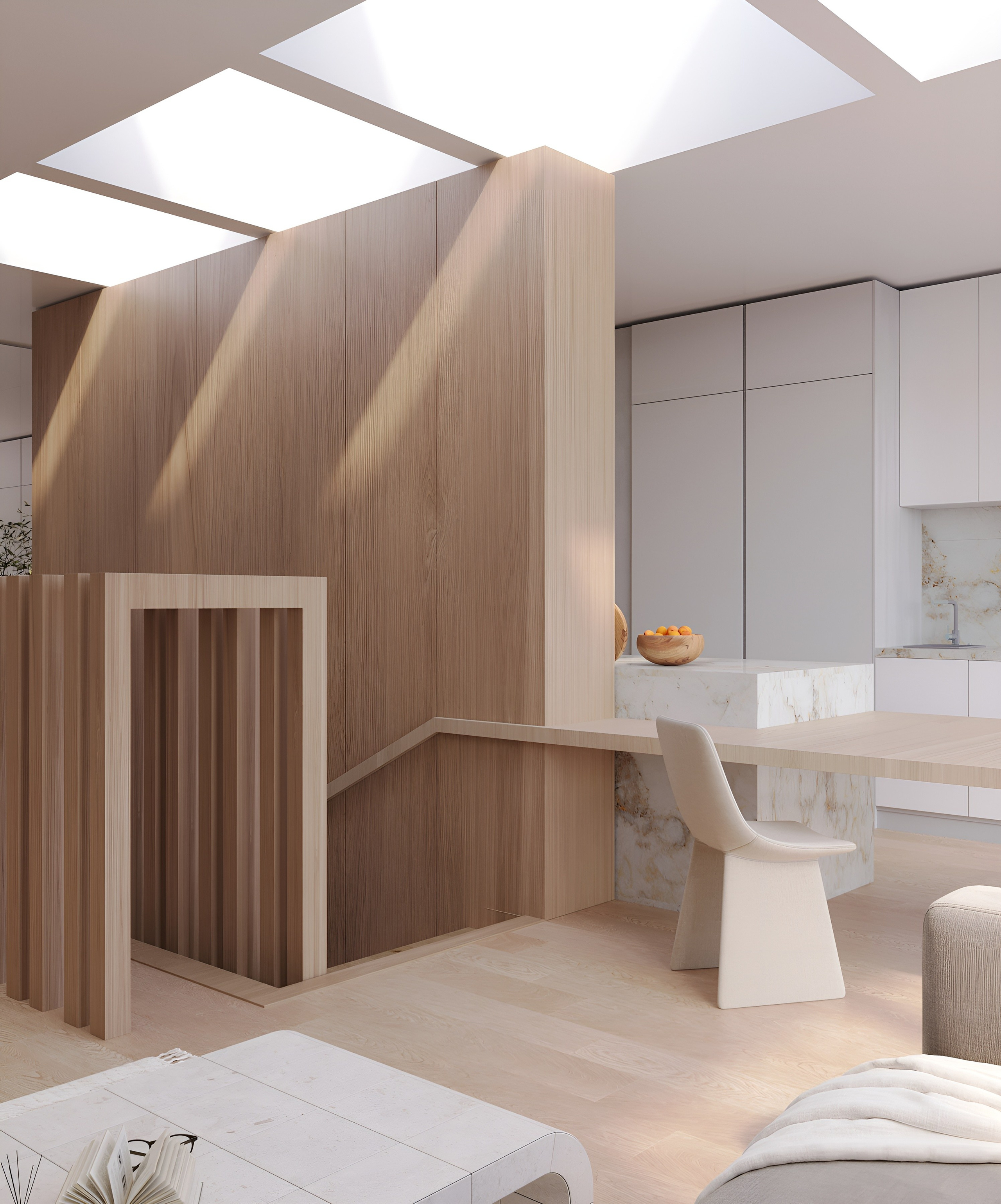 Кухня-гостиная с зенитными окнами. 3D Визуализация интерьеров жилых и коммерческих помещений