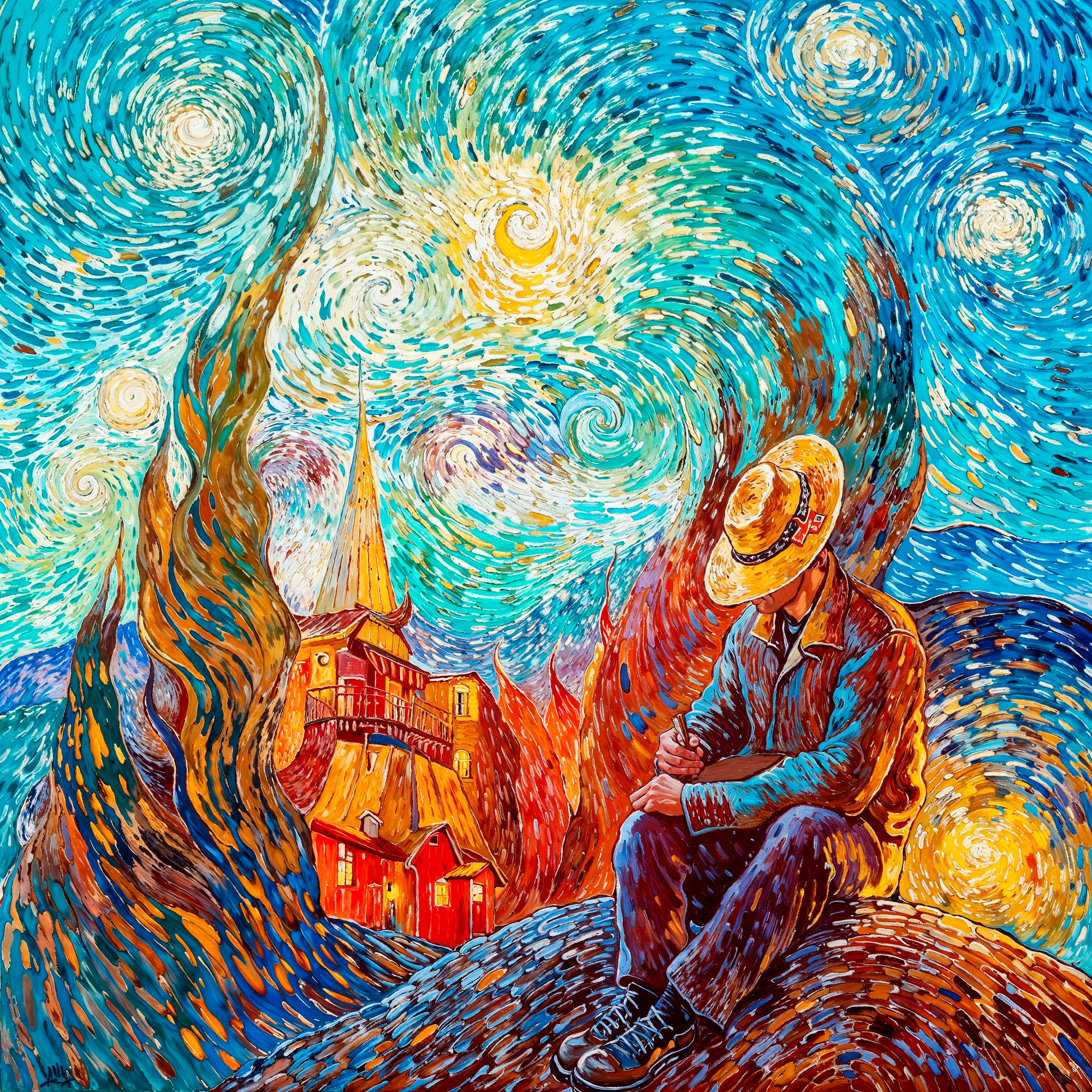 Мужчина в шляпе сидит среди вихрей звёздного неба, вдохновлённого Ван Гогом. Оптическая иллюзия, адаптированная по мотивам Олега Шупляка, отражающая внутренний мир через динамичный пейзаж.