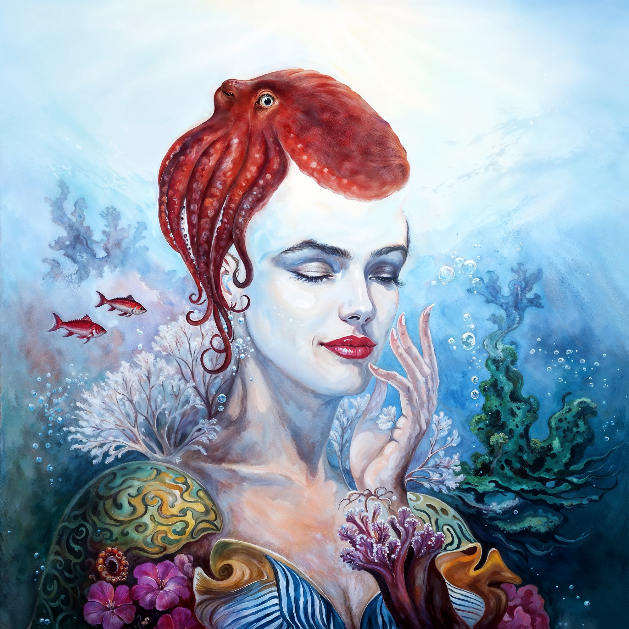 Женщина с осьминогом на голове, окружённая кораллами и рыбами