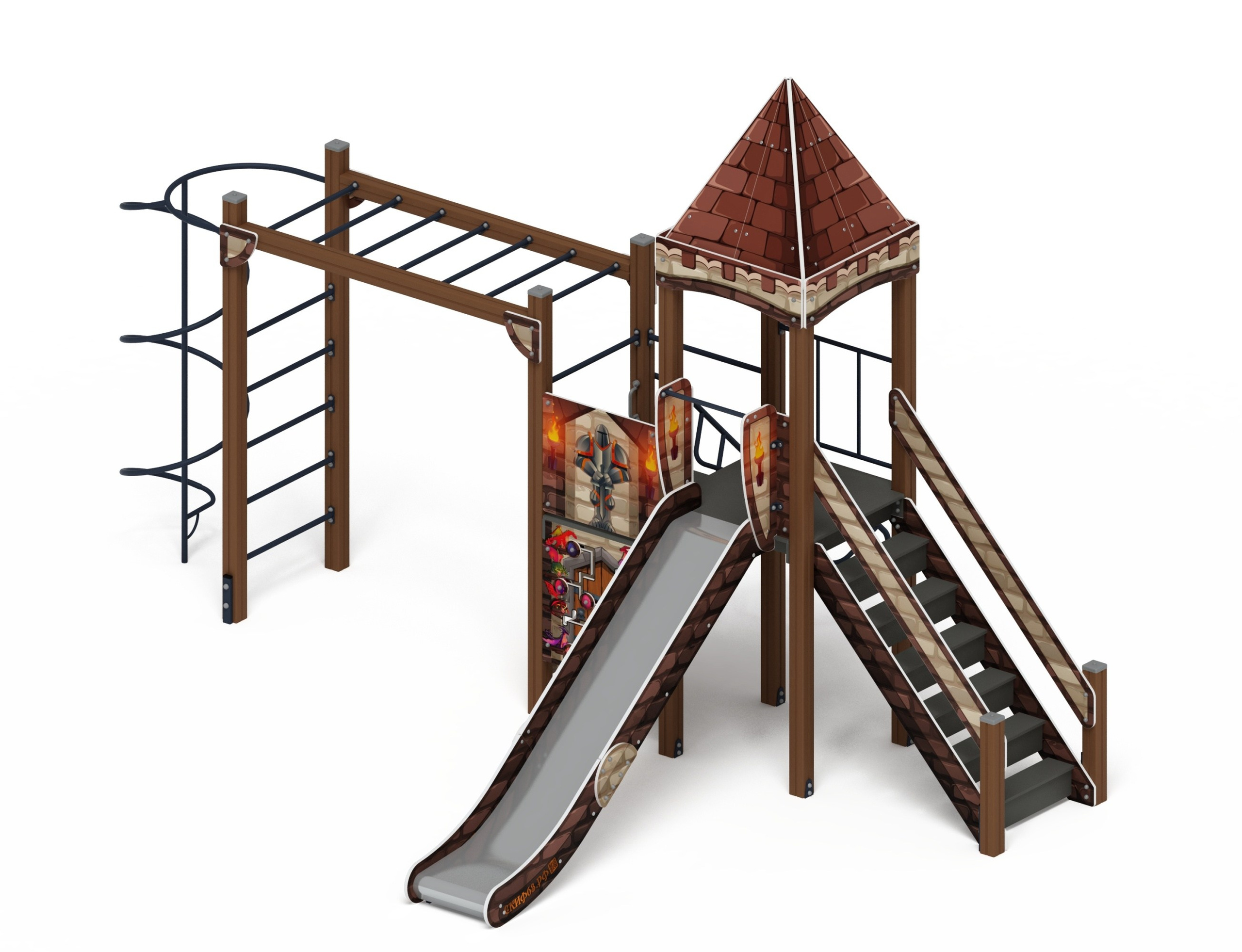 Замок (Средневековый) - ДИК 2.18.03-02 - Игровой комплекс H=1500                                                                                                         Габариты (ШхДхВ): 6315x4670x3960                                                                                                                                                                        Зона безопасности, мм: 9315х7670                                                                                                                                                                          Скат горки: H=1500 (металлический скат)