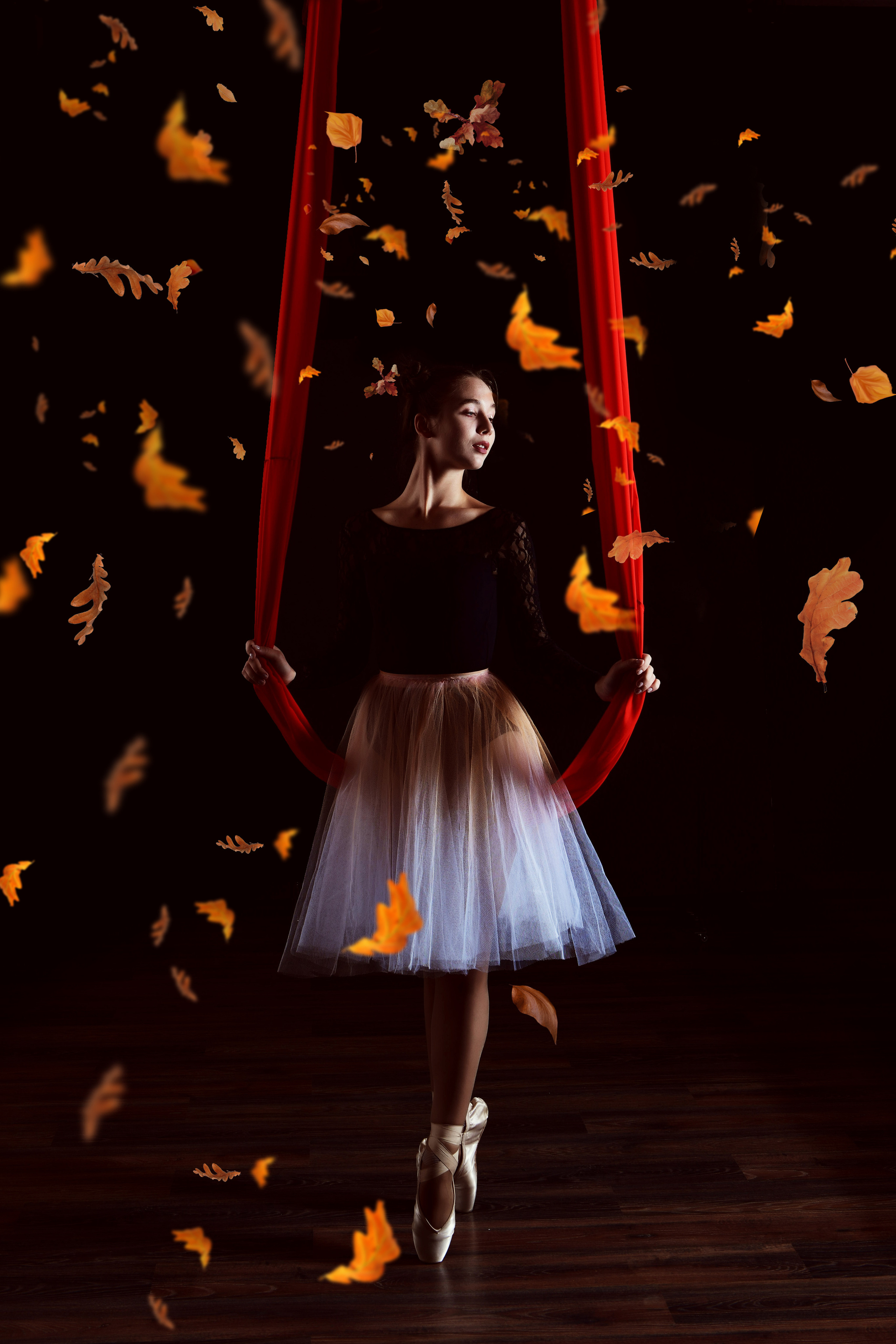 девушка в балетной юбке и пуантах сидит на качелях из ткани на черном фоне
