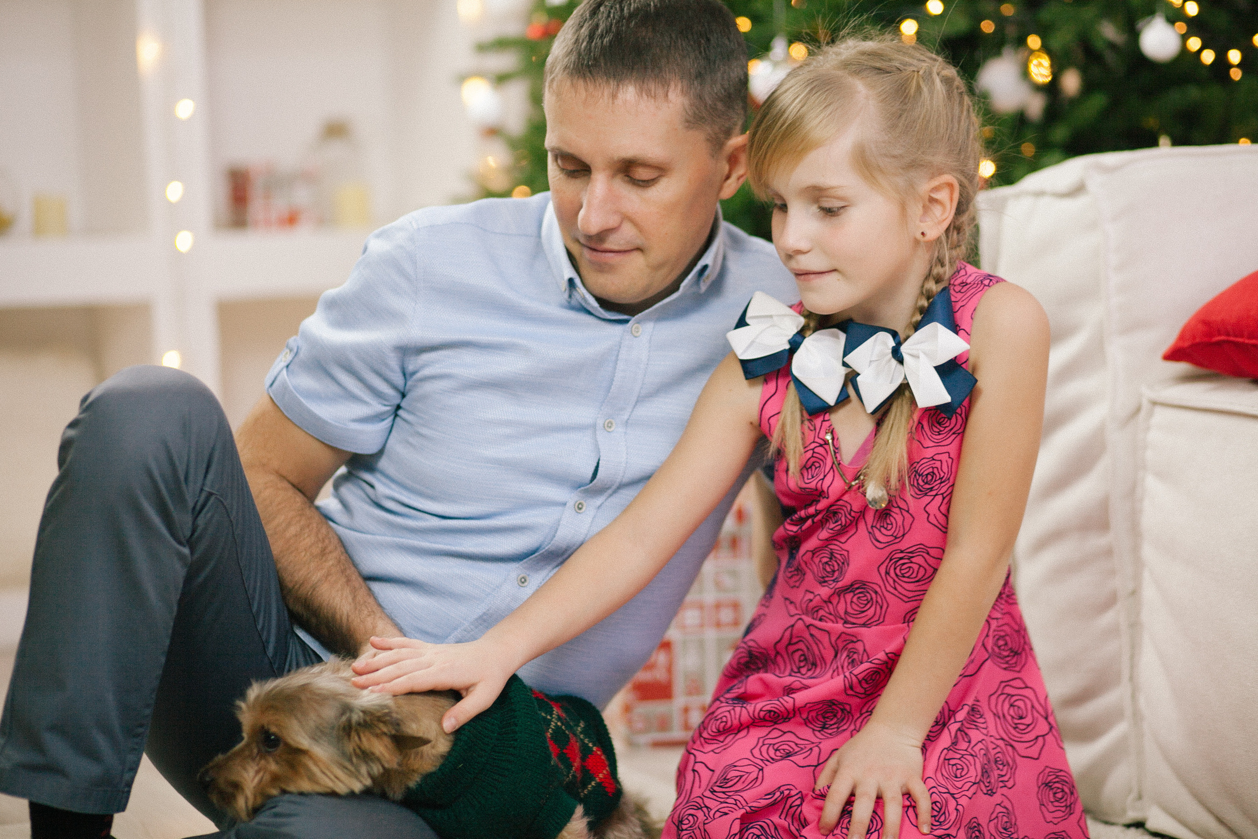 новый год семейная фотосессия елочка  папа дочка собака йокширский терьер