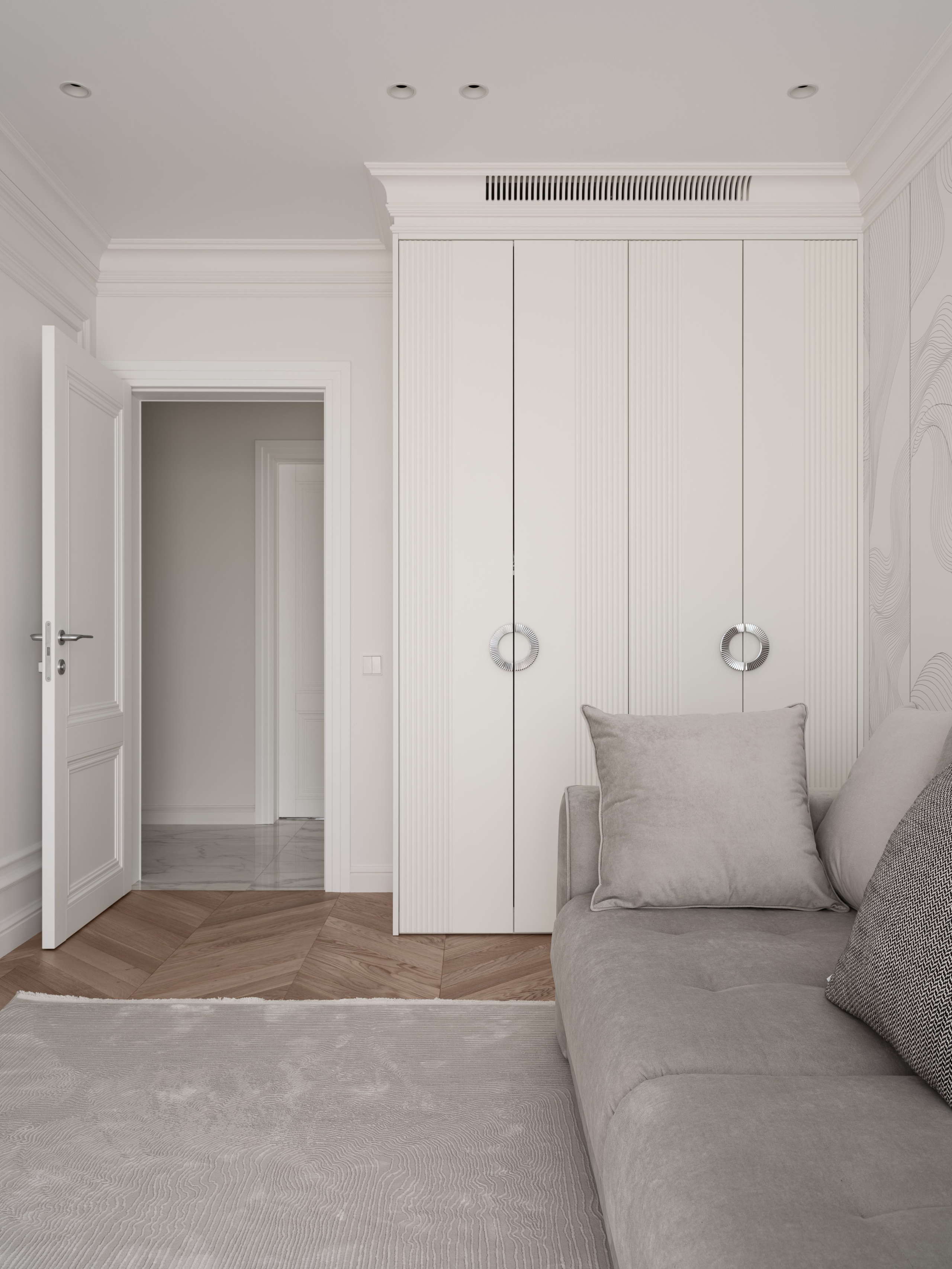 Интерьер светлой гостиной с лаконичным шкафом с круглыми ручками, мягким серым диваном и паркетным полом. Элегантный минимализм и утончённые детали от дизайнера Алёны Боярской, стилиста Натальи Якушевой, фото Сергея Денисенко.