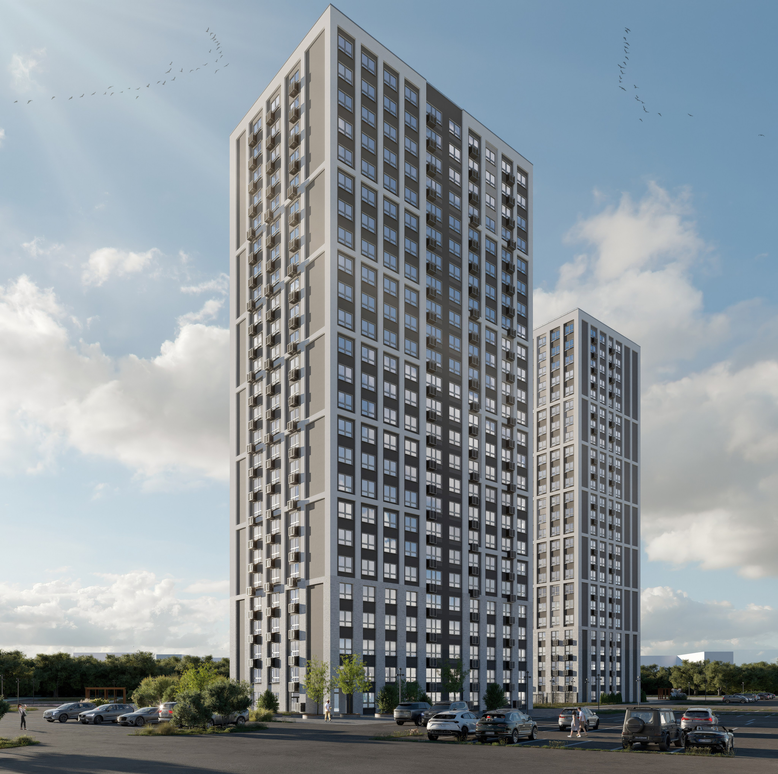 3D визуализация жилого комплекса "Патриот Парк" в современном стиле.
