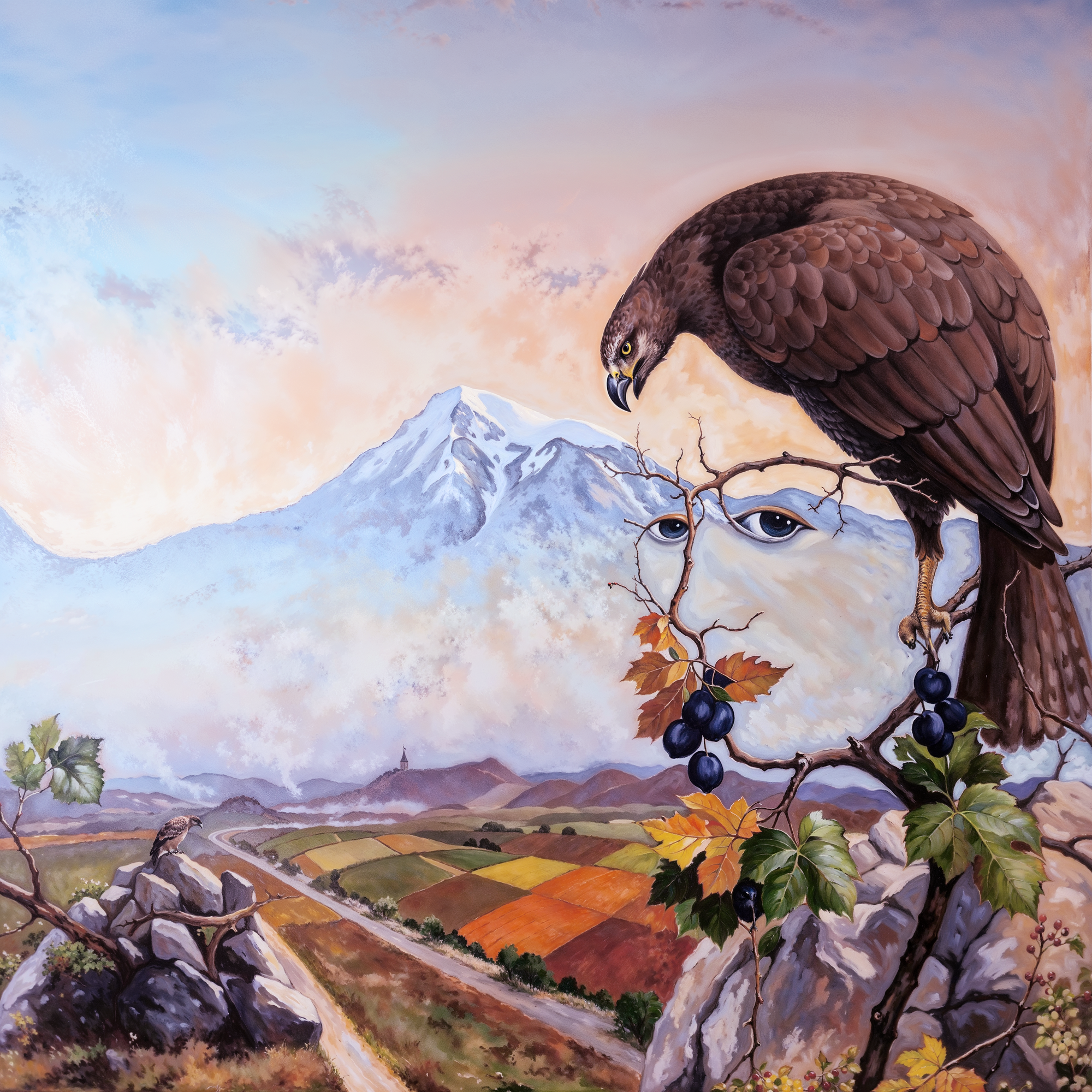 Орёл и виноградные ветви создают лицо среди гор — стилистика Artush Voskanyan