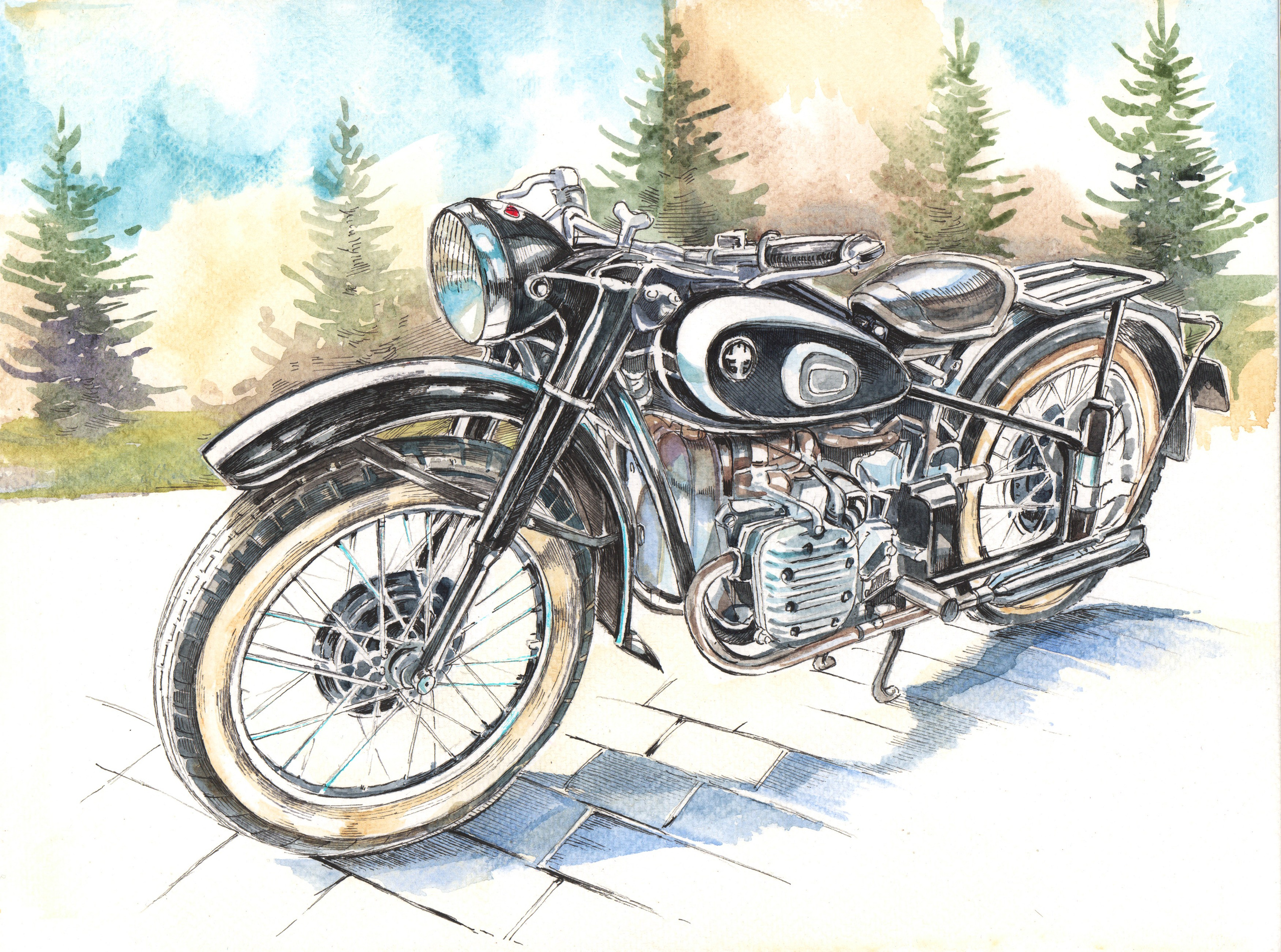 Мотоциклы Почетного Эскорта — работы для музея ГОН. Художник Александр Петрунин