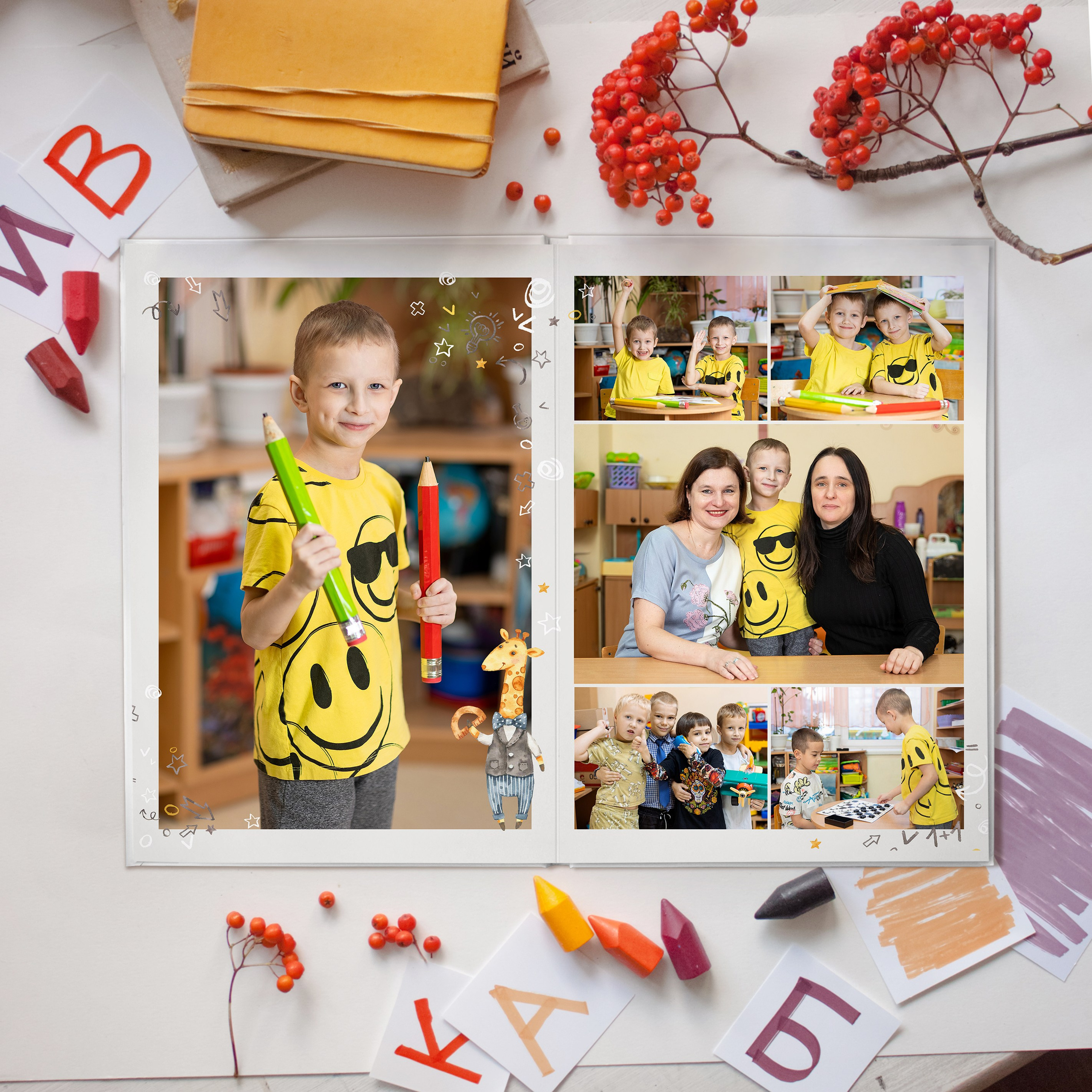 Дизайн «Ученые жирафики» 20×30. Выпускные альбомы СПБ для садов и школ | Фотограф Олька Евченко