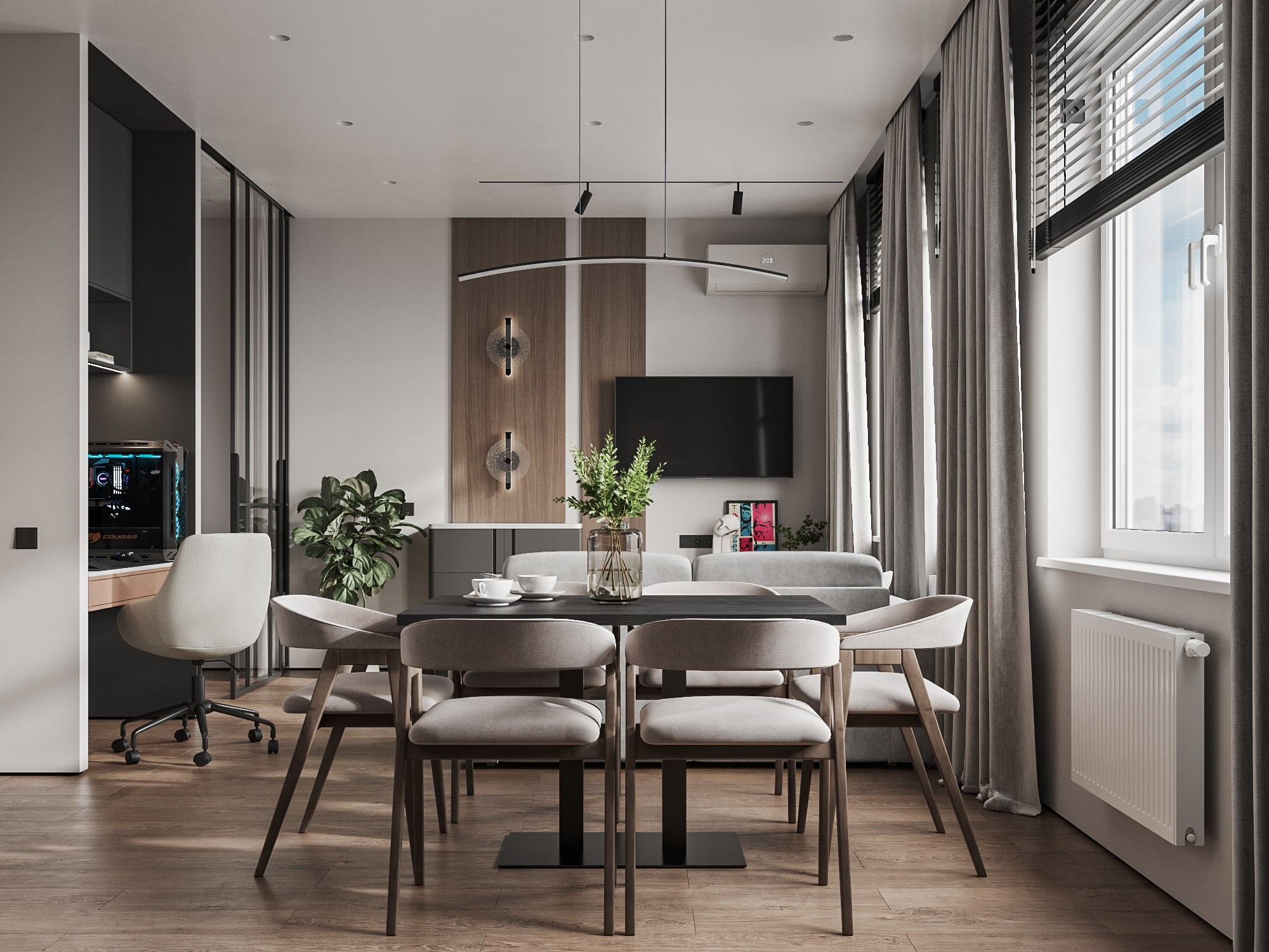 Интерьер кухни-гостиной с черно-терракотовой кухней и открытой планировкой в минималистичном стиле