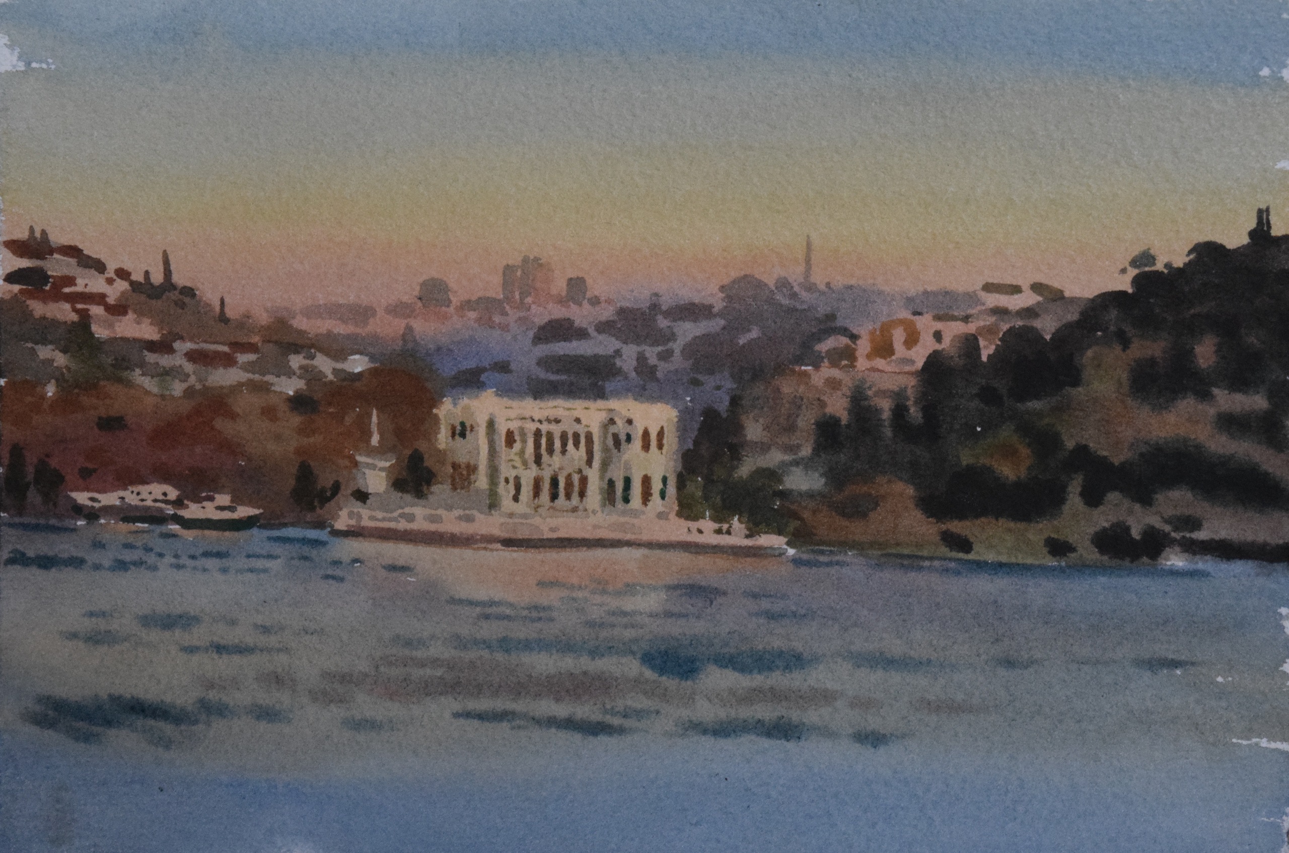 Пролив Босфор. Море. Вечер.Стамбул. Картина. Акварель. 