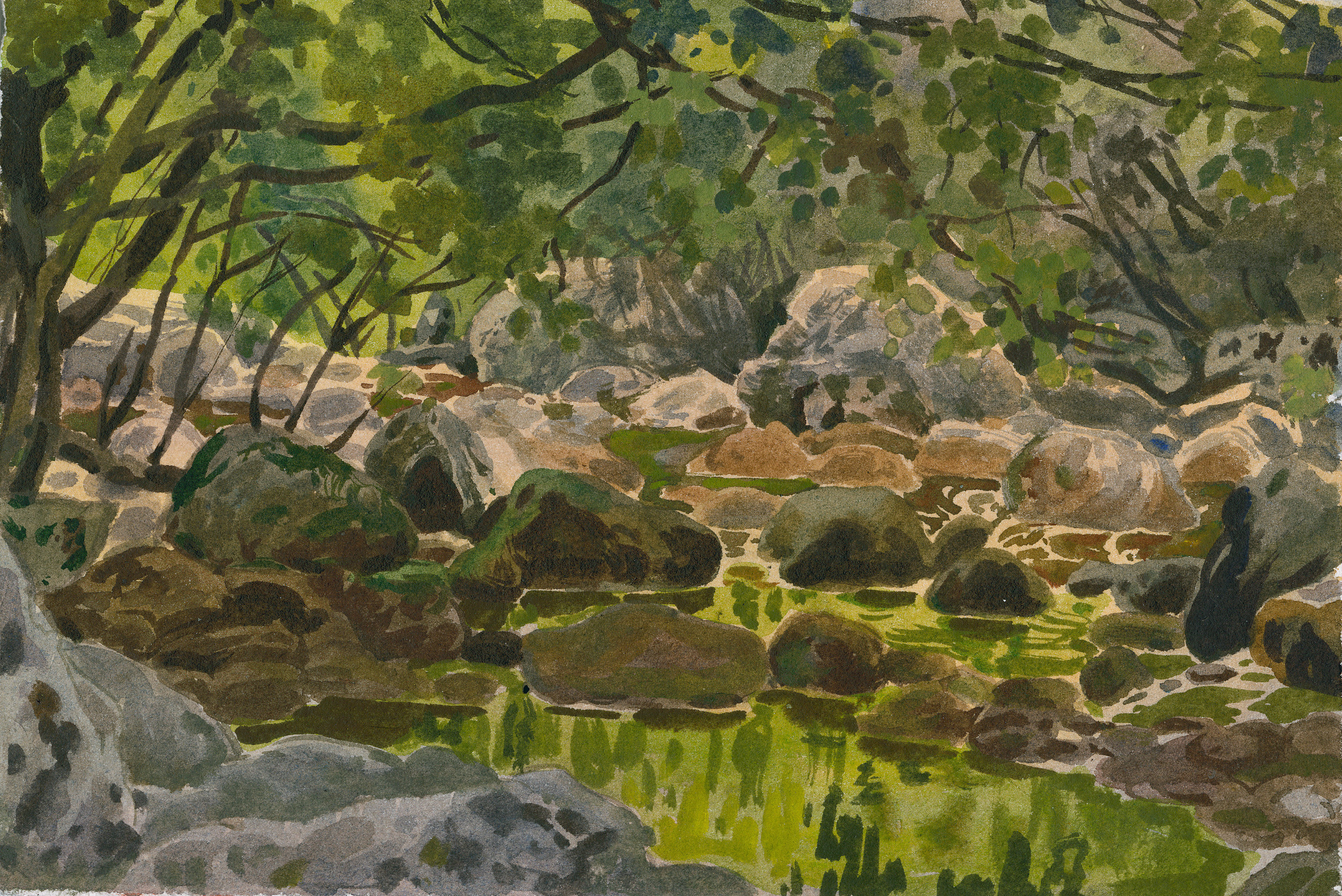 Горная речка. Река Кокоска. Лесная река. Зеленая заводь. Солнечный лес. Солнечная зелень. Картина для интерьера. Акварель. Подарок.  