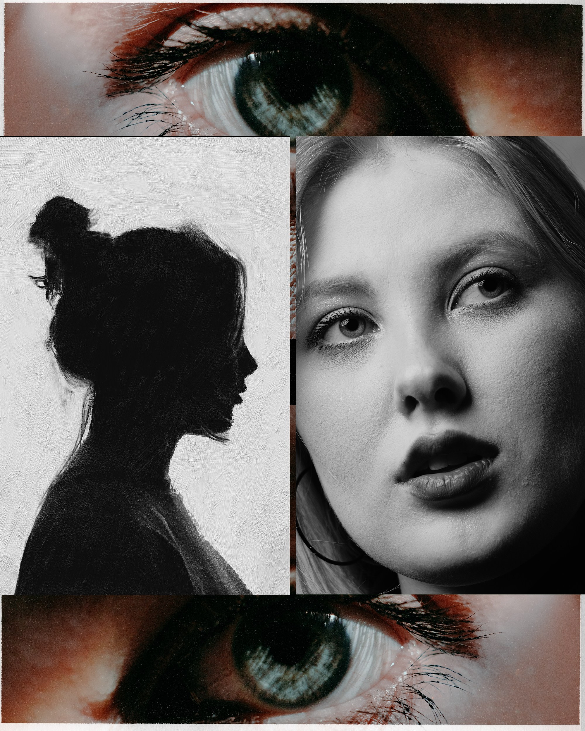 Коллаж состоит в основном из трез фотографий: глаз, портрет в профиль и просто портрет девушки.