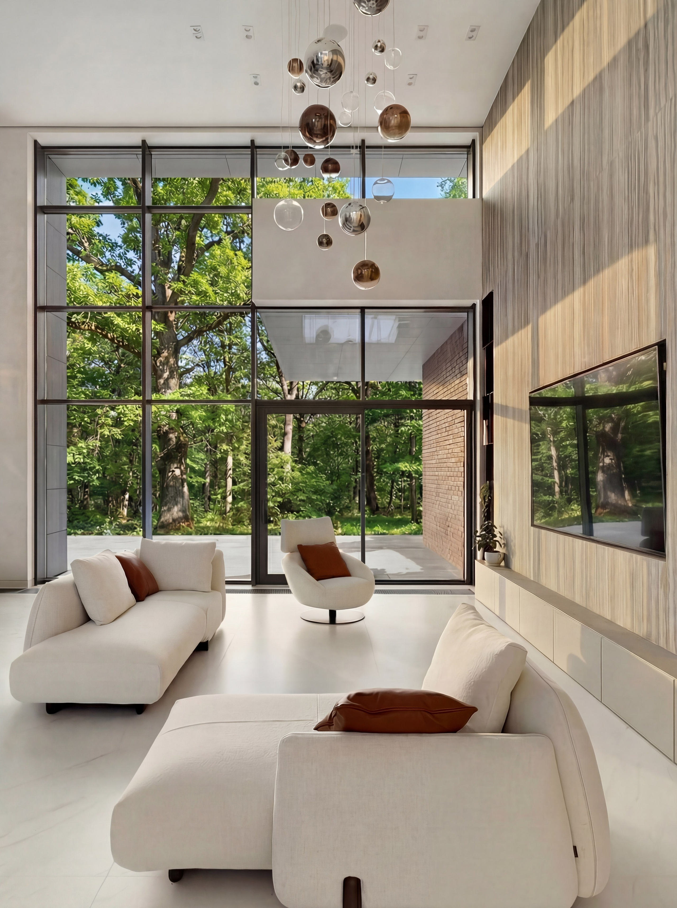 Интерьер двухсветной гостиной от дизайнера Валерии Котович: панорамные окна в пол с видом на лес, модульный диван молочного цвета, акцентные терракотовые подушки и дизайнерская люстра-каскад в современном доме у воды.