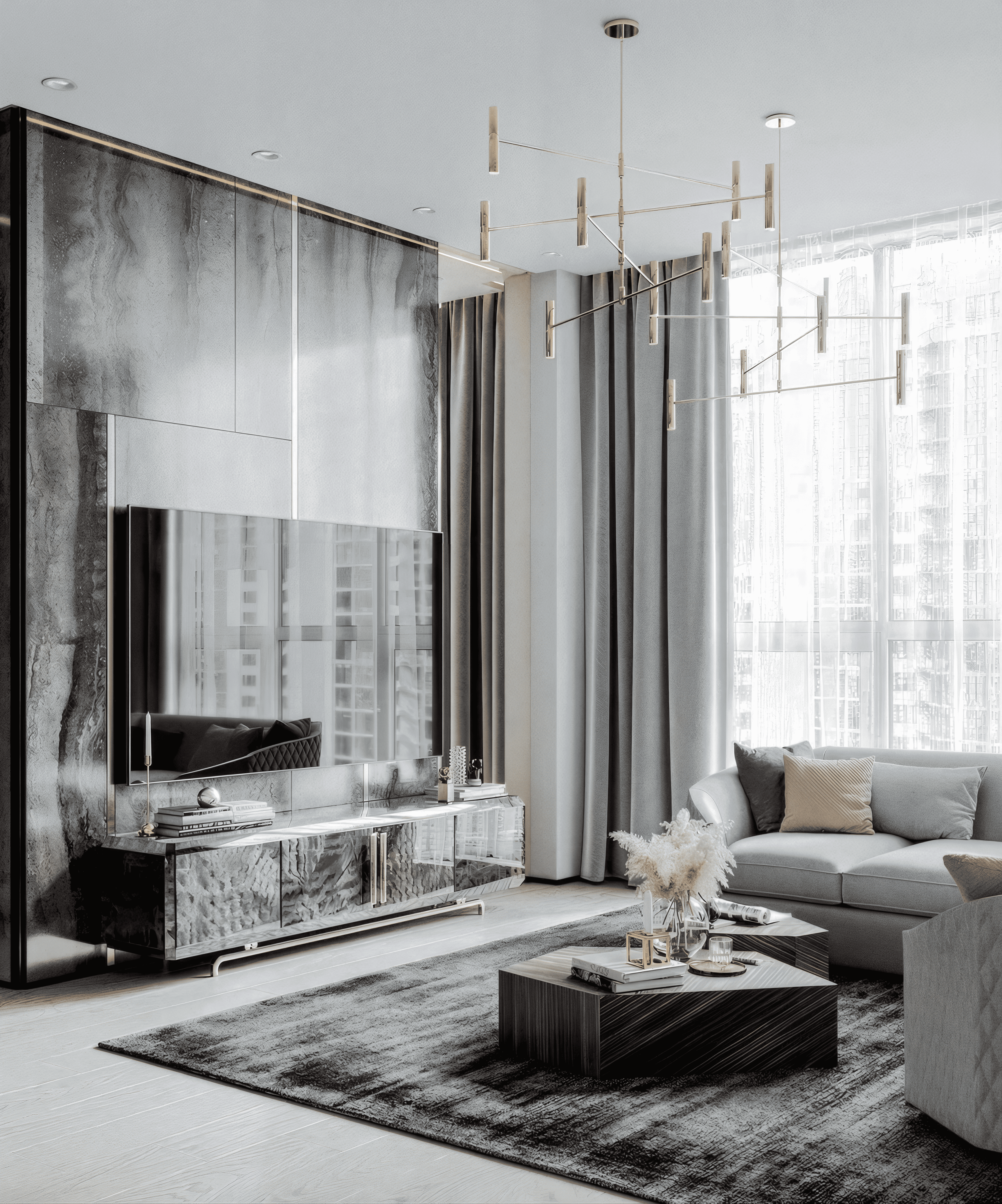 Премиальная ТВ-зона в гостиной от Валерии Котович: стена из серого камня с латунными вставками, дизайнерская тумба, современная золотая люстра и панорамные окна с серыми шторами.