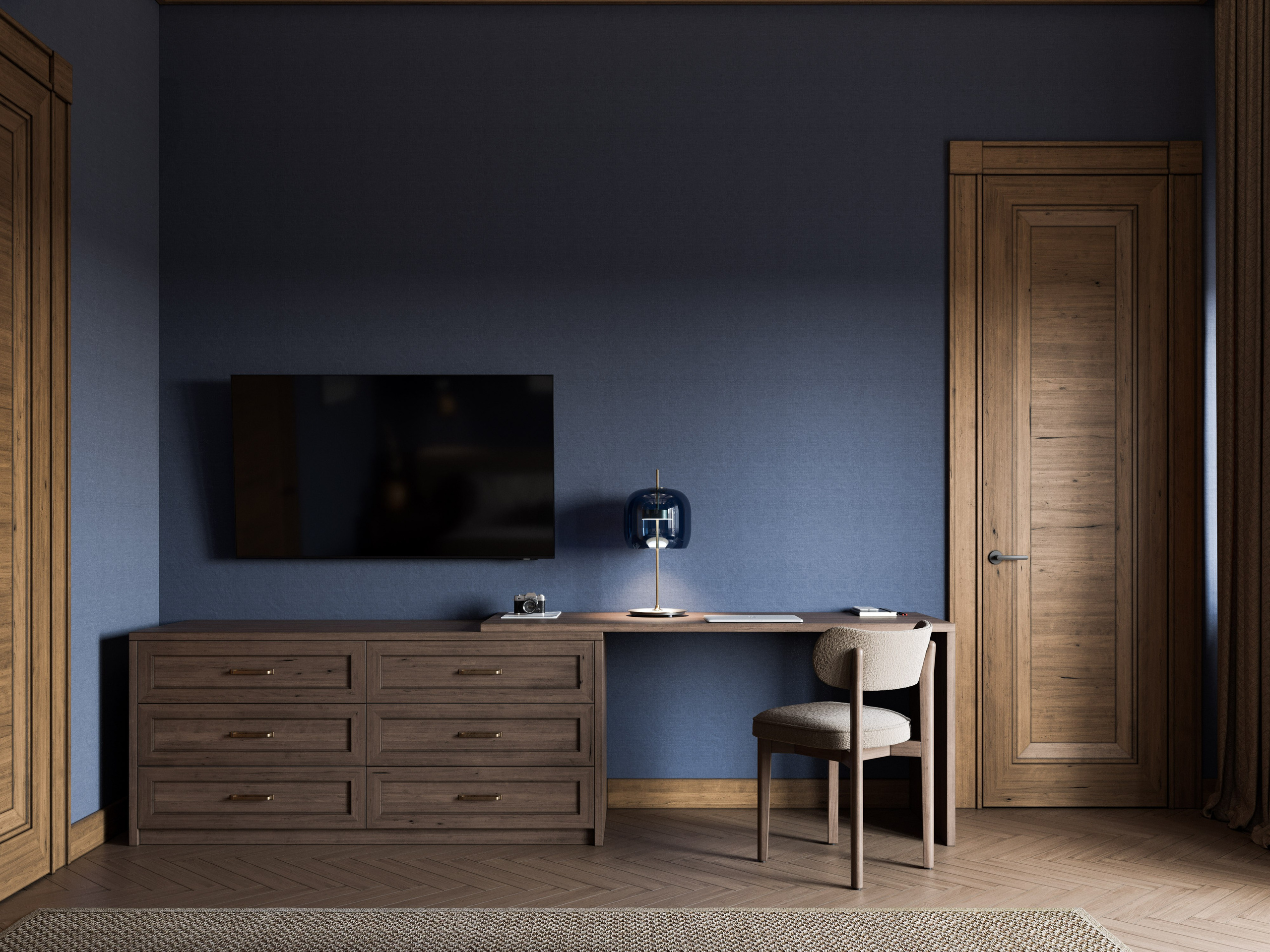 Рабочее место в спальне в загородном доме - 3D рендер