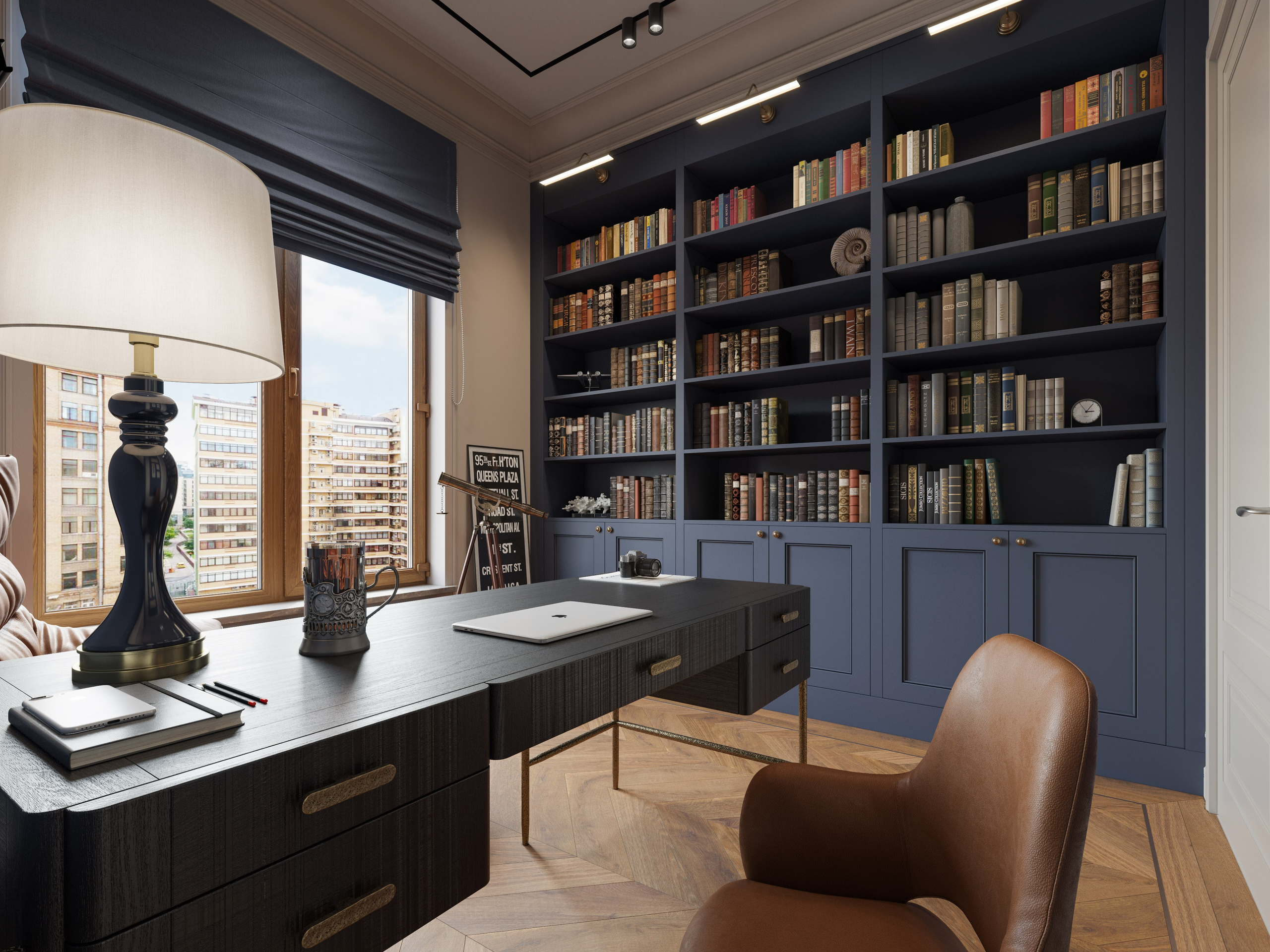 Кабинет в неоклассическом стиле с деревянными панелями и библиотекой до потолка