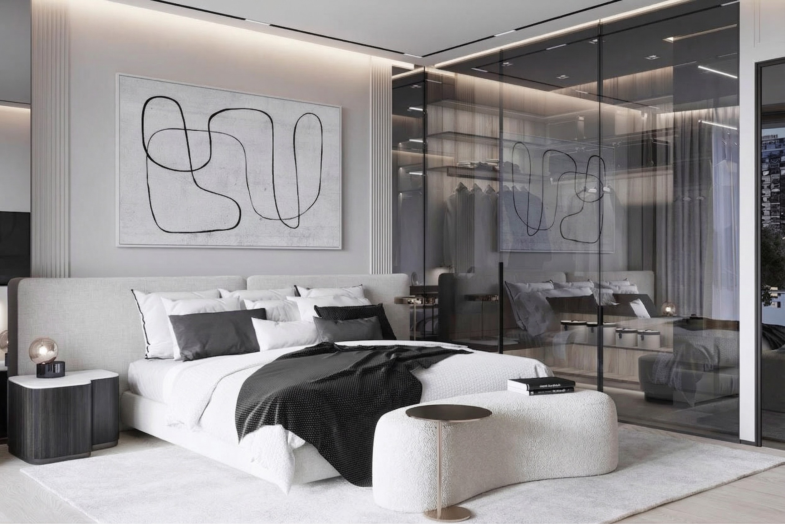 Дизайн мастер-спальни в квартире 113 м² от Валерии Котович: стеклянная гардеробная, белая кровать с мягким изголовьем, современная живопись и банкетка-букле в стиле quiet luxury.