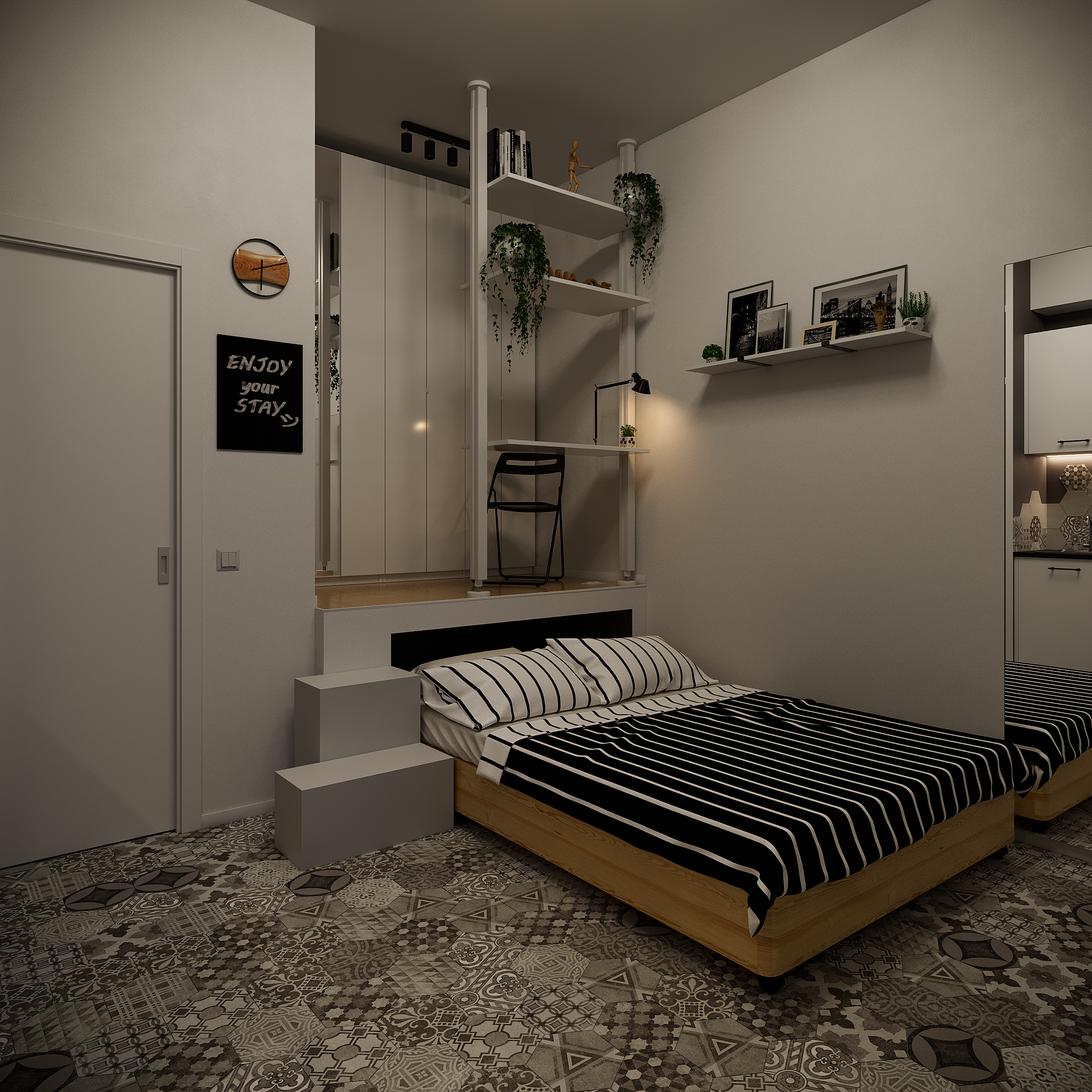 Квартира-студия с выдвижной кроватью на деревянном основании