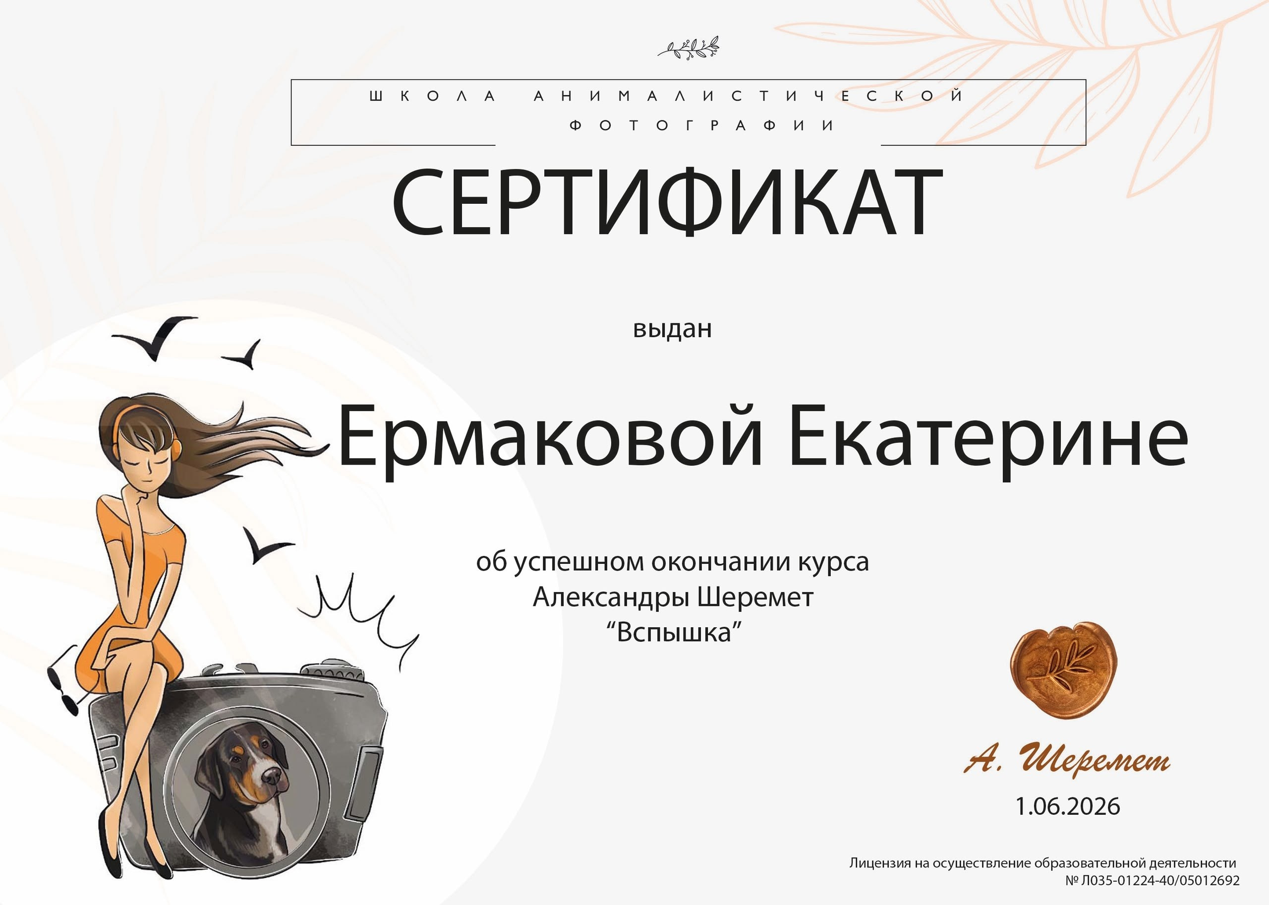 Сертификаты. Фотограф-анималист|Ермакова Екатерина