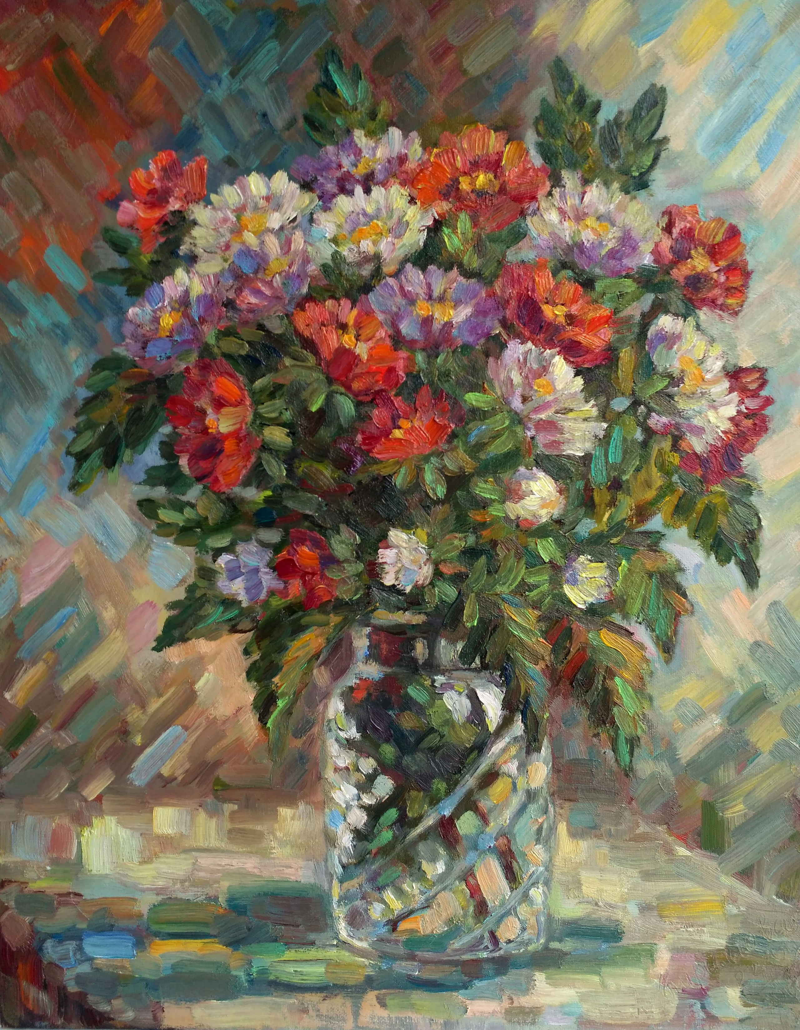 Букет хризантем в стеклянной вазы - Масляная живопись, импрессионизм