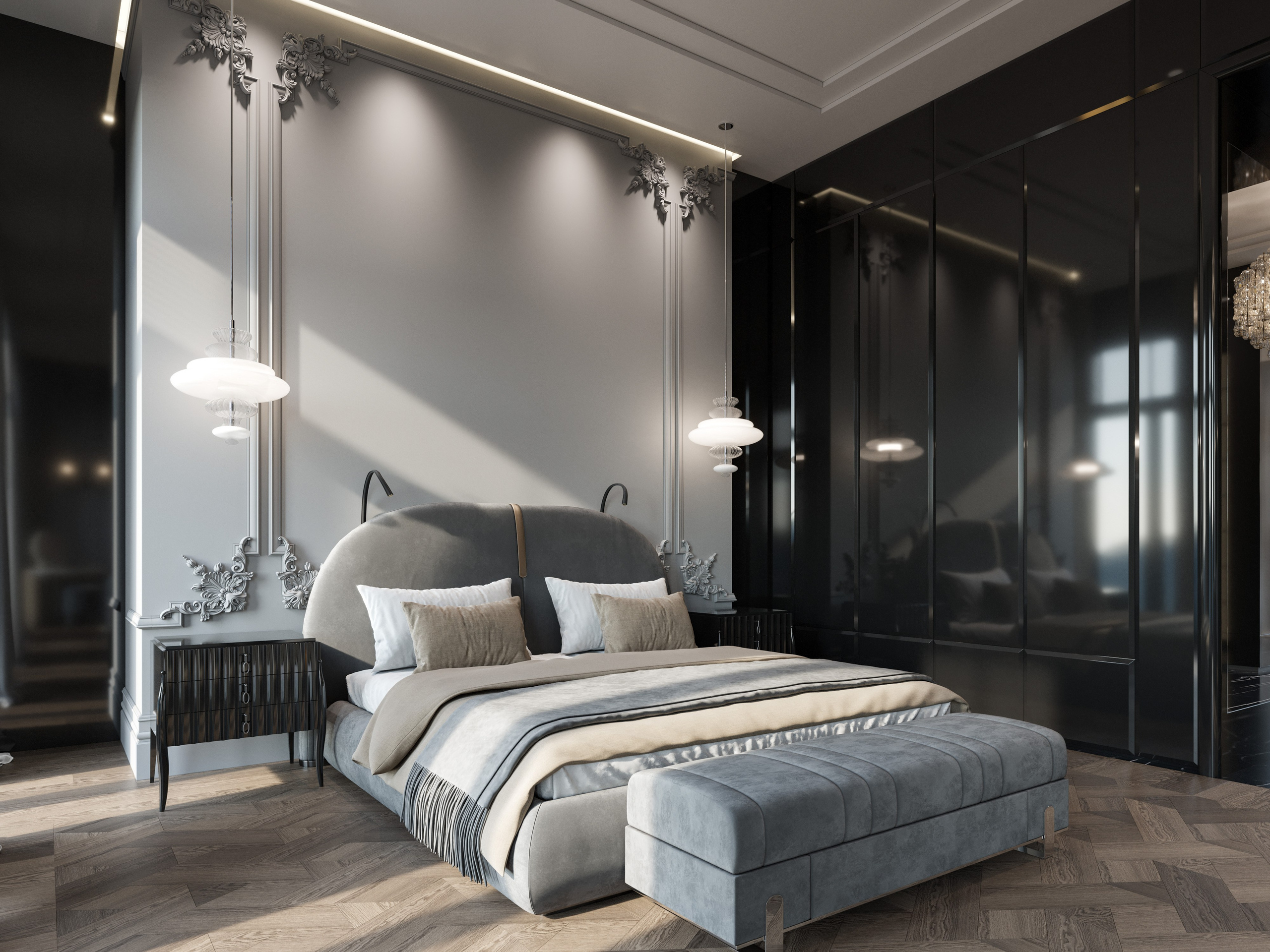 Интерьер женской спальни в черно-белых тонах с паркетом елочкой - 3D рендер