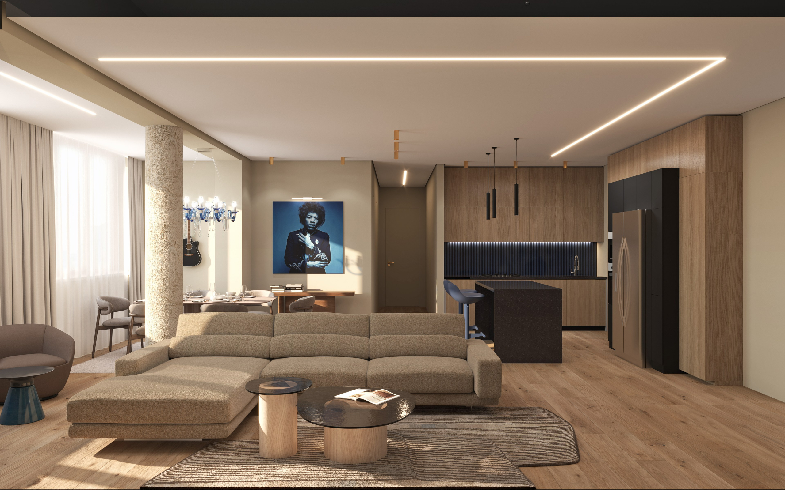 Гостиная в современном стиле, в светлых тонах, объединенная с кухней и столовой зоной