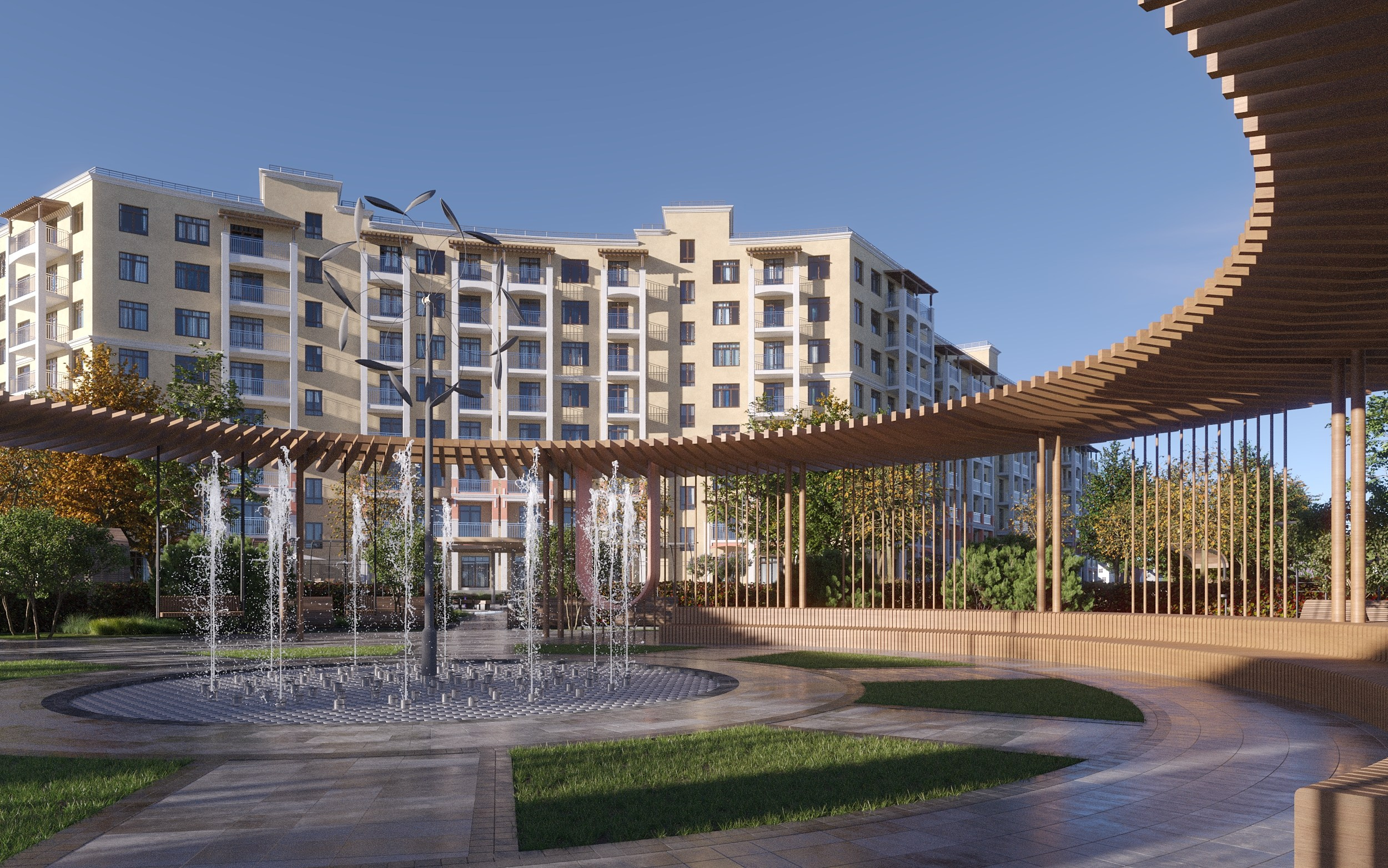 Архитектурная визуализация фонтана в центре благоустроенного двора жилого комплекса