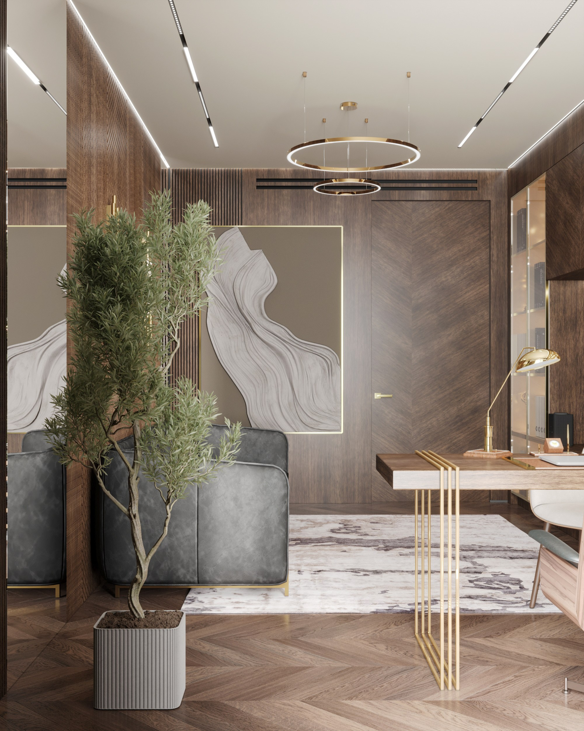 3D визуализация стильного кабинета с деревянными панелями и зелёным растением в жилом комплексе Скай