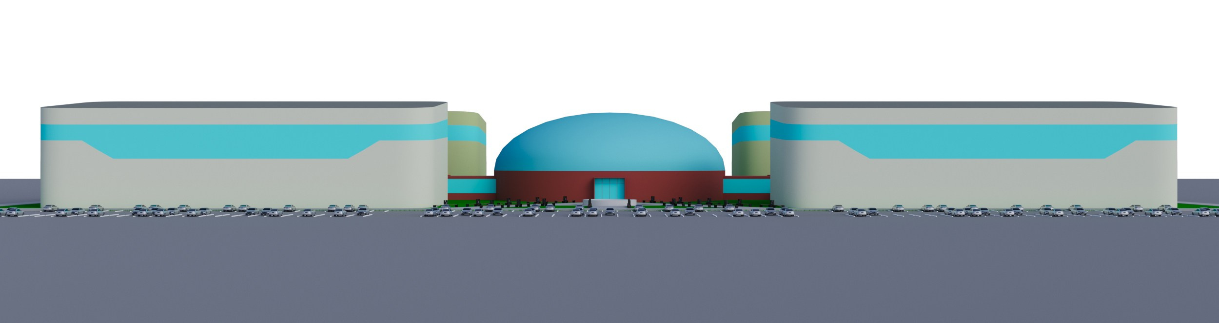 Симметричное здание с большим голубым куполом и двумя массивными боковыми корпусами