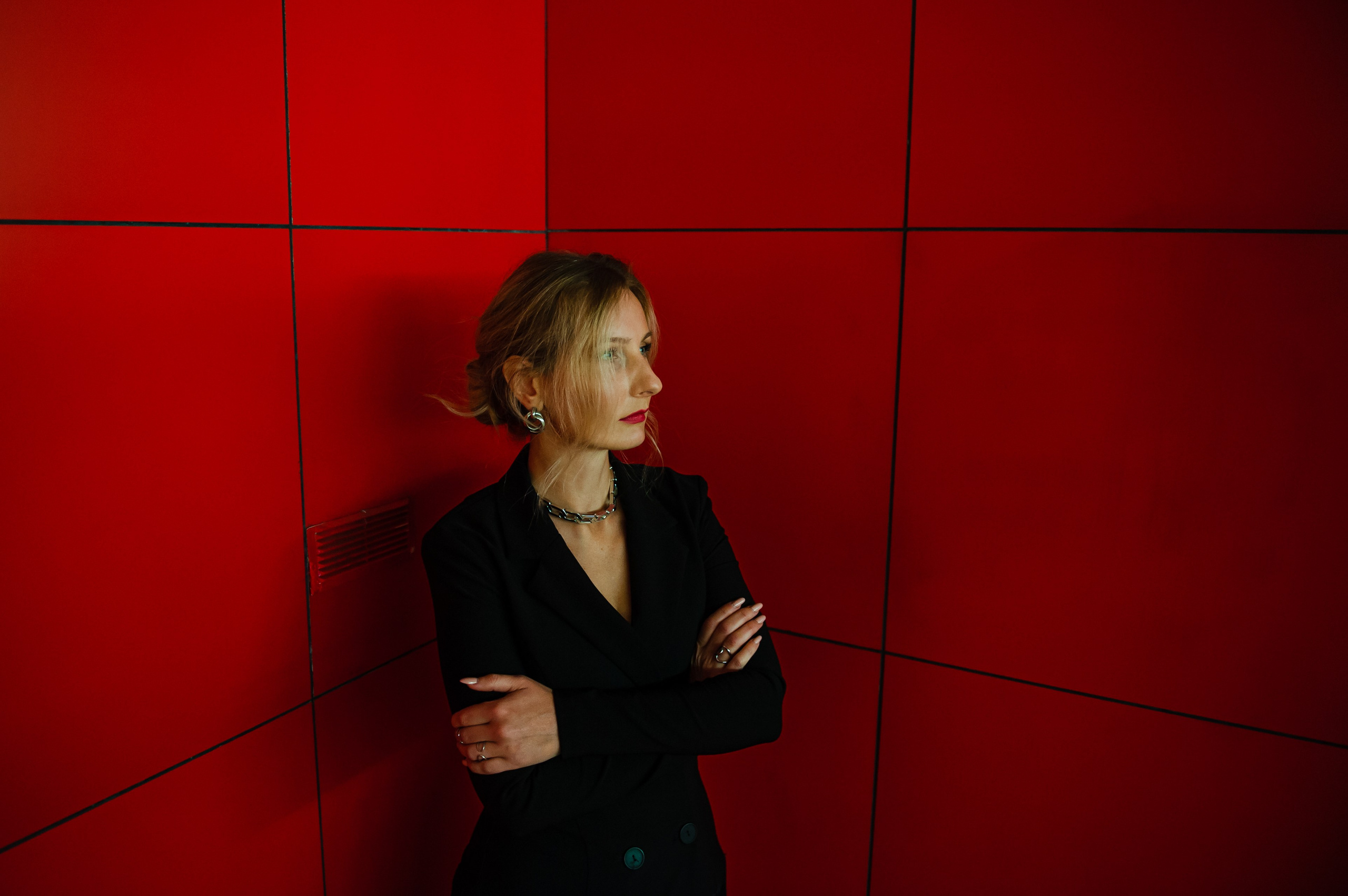 женский портрет на красном фоне