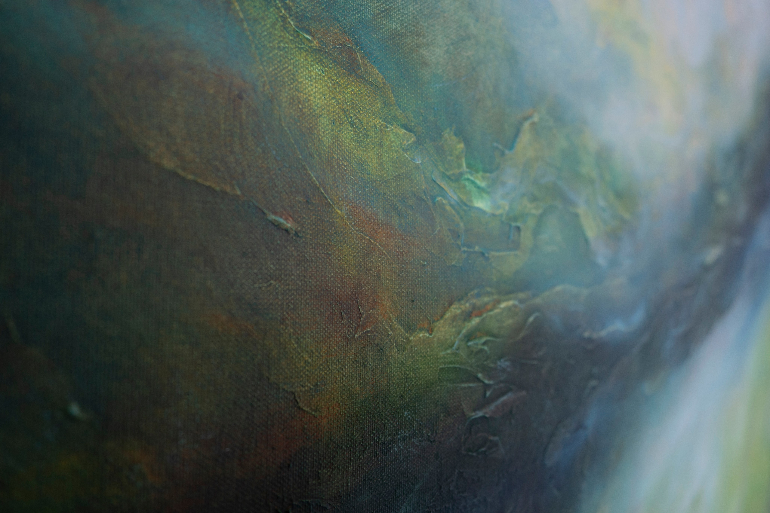 Abstract oil painting of deep green and blue swirling shapes. Pavel Korshun — Contemporary Plein Air