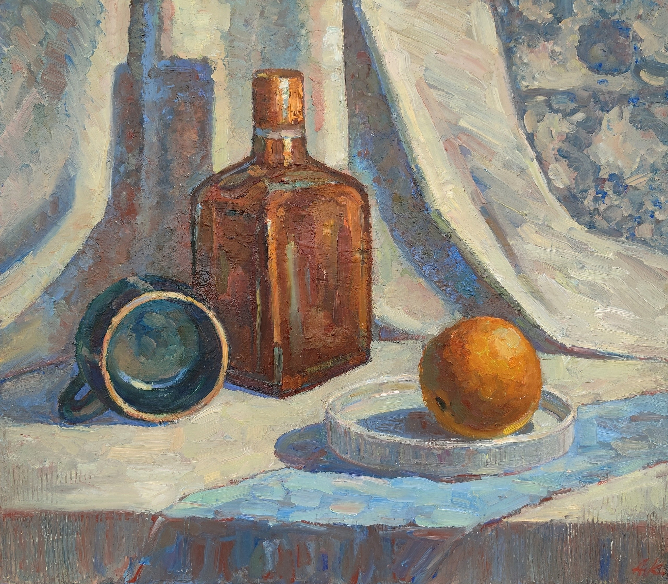 Современный натюрморт с посудой и апельсином, импрессионизм масляная живопись