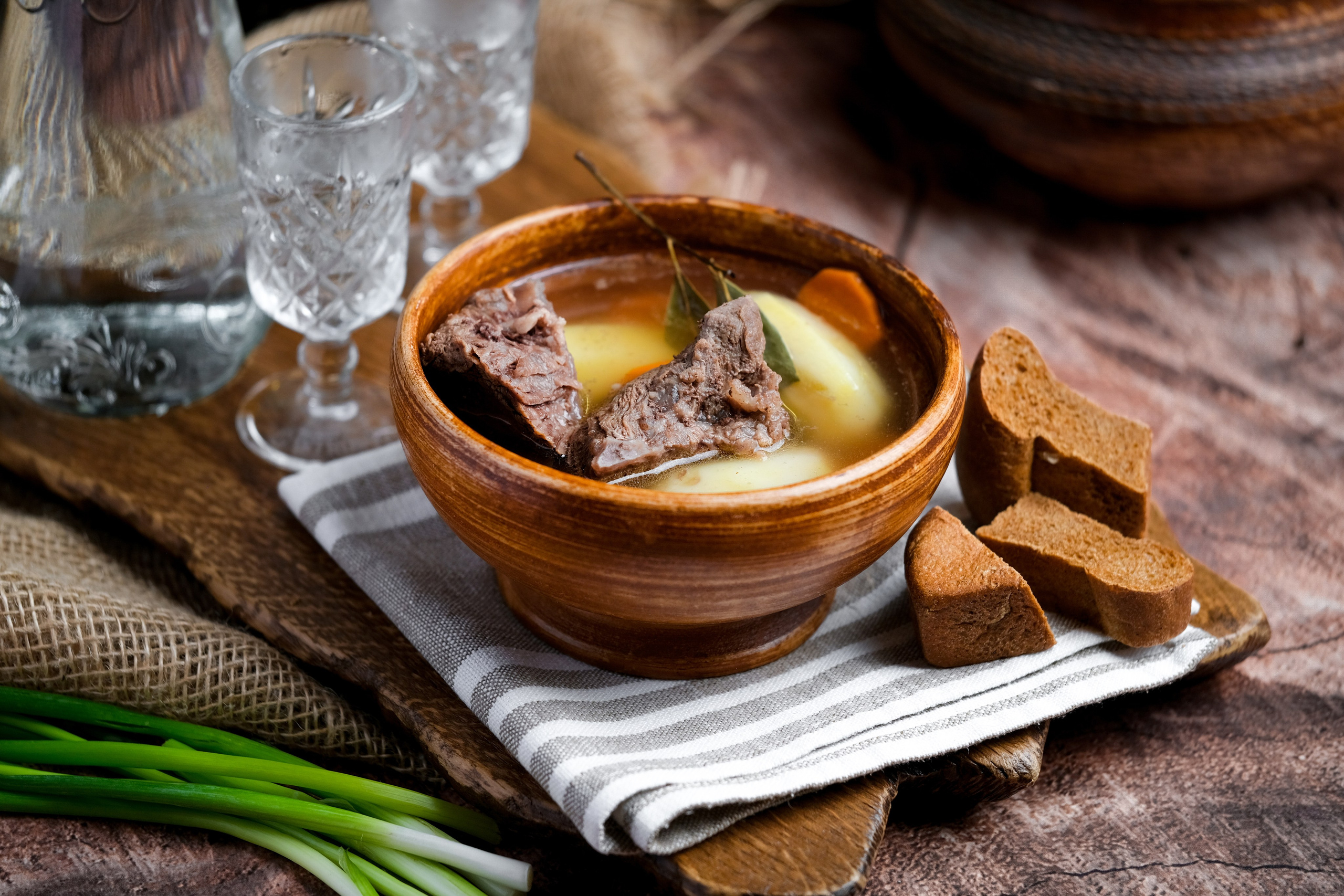 Фуд-фотография тарелки с мясным супом