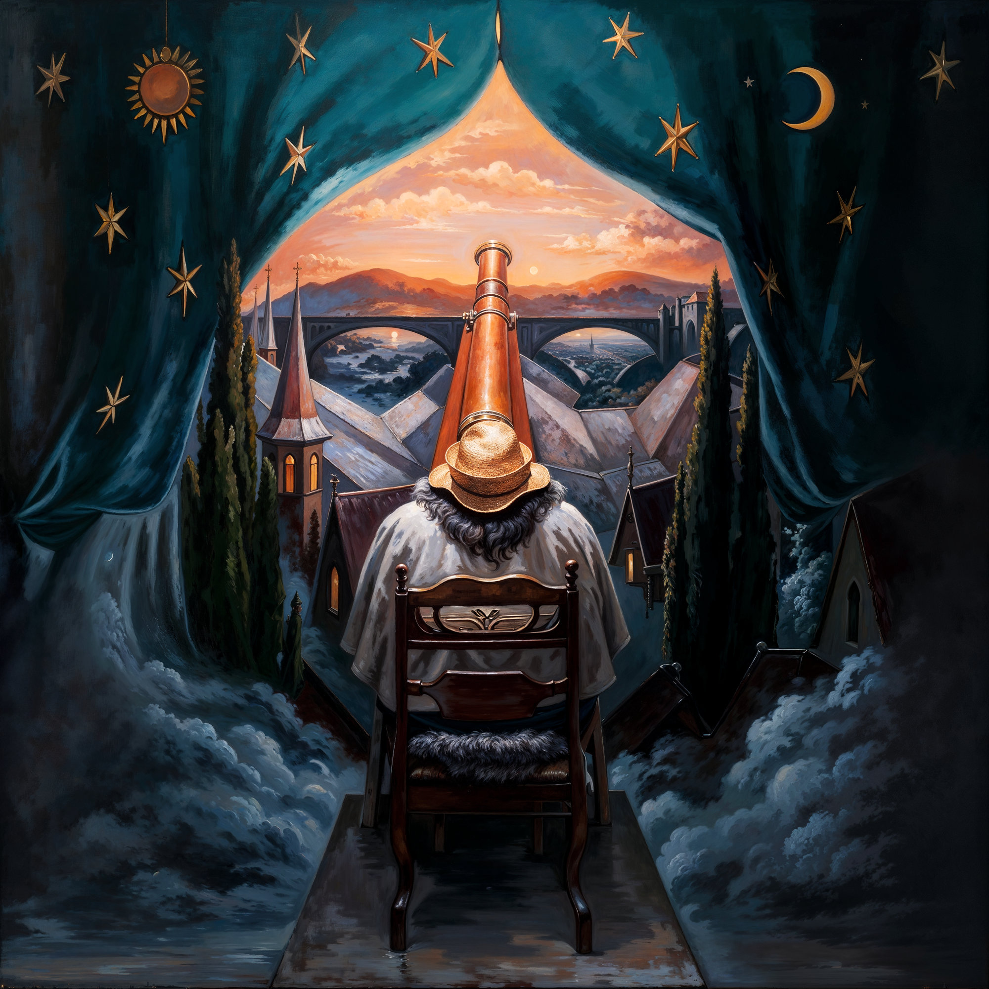 Человек с телескопом сидит перед занавесом, сквозь который виден закат и крыши домов. Ландшафт складывается в лицо. Иллюзия создана на основе работ Олега Шупляка и переосмыслена в цифровом ремастеринге.