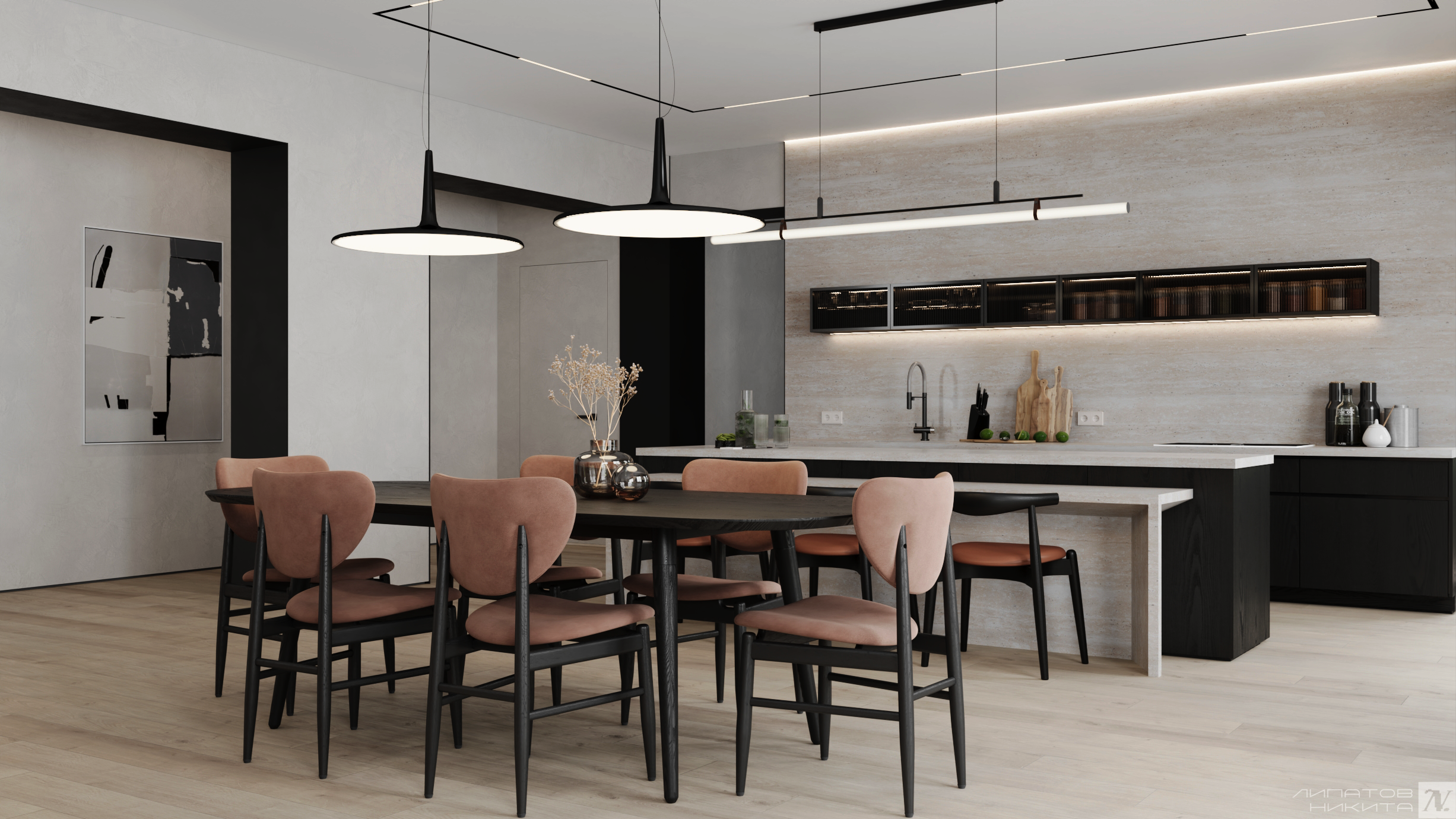 Проект коттеджа в стиле теплый минимализм. Дизайнер интерьера Липатов Никита. Москва