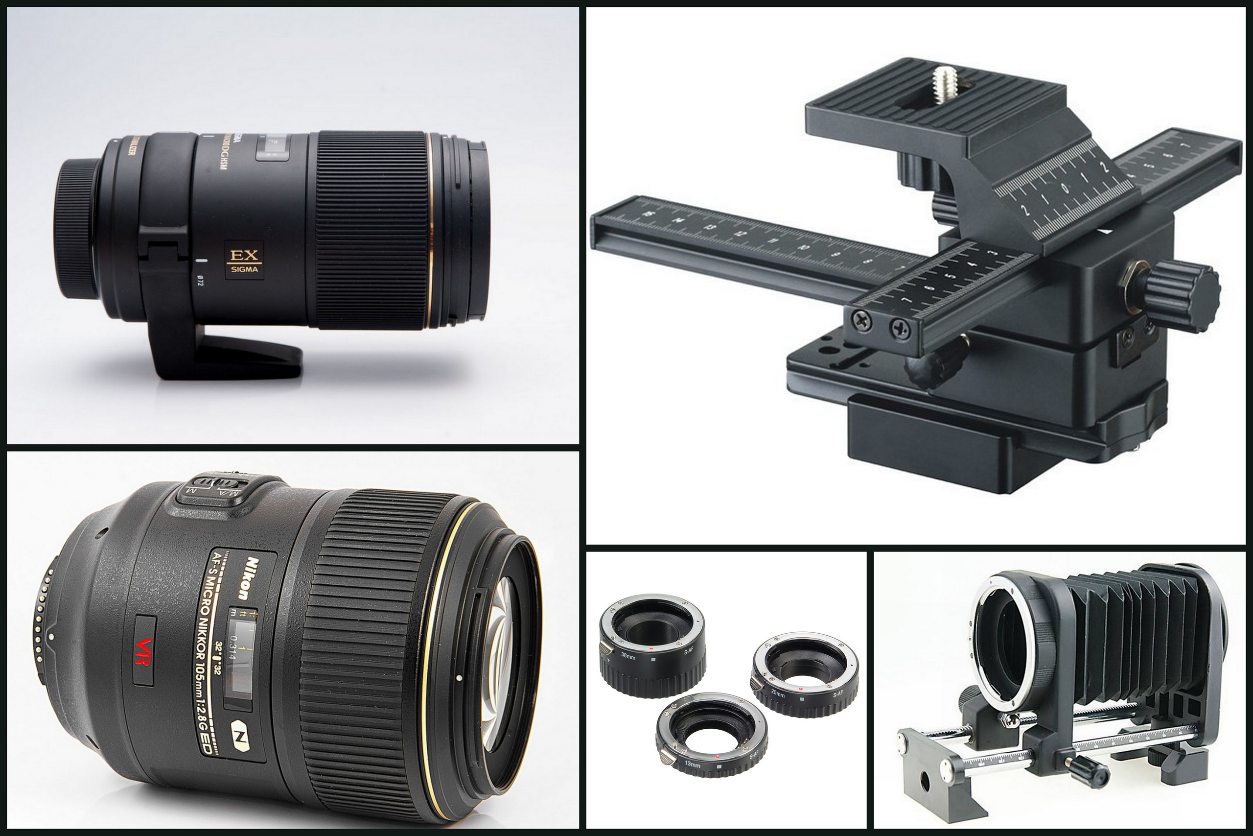 макро объективы и макро рельсы для съёмки. sigma 150/2.8  nikkor 105/2.8 micro