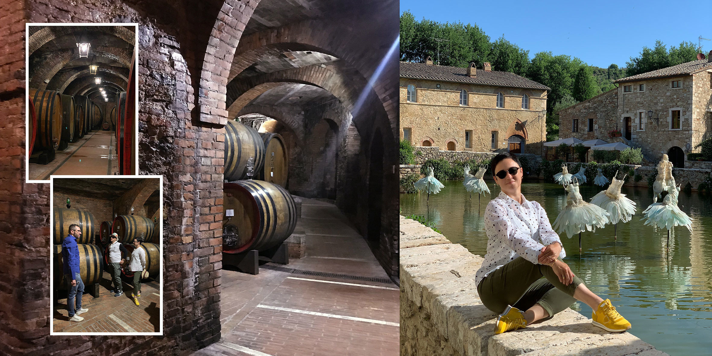 Фотографии винного погребка. Довольная девушка сидит на краю фонтана.